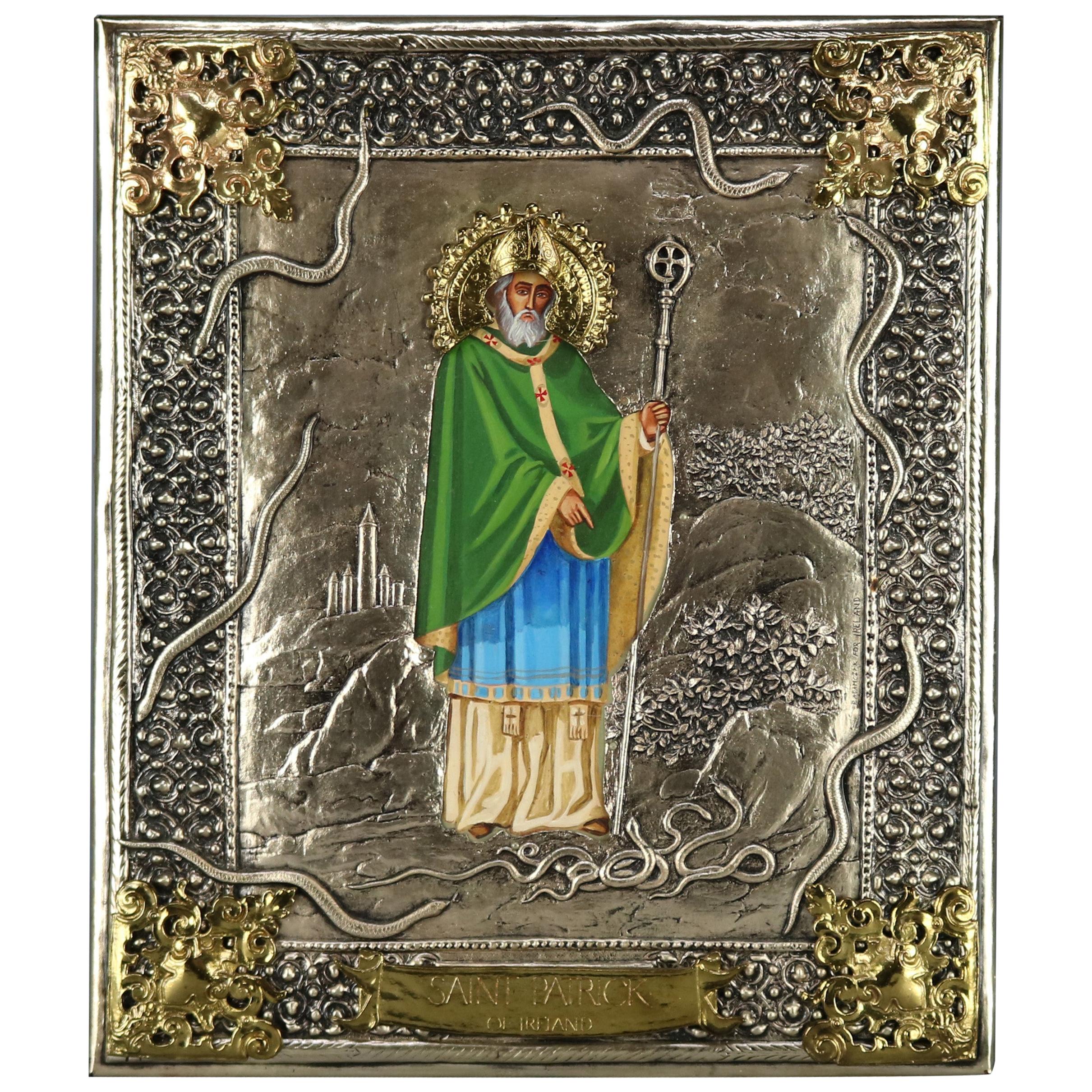 Russian Orthodox Icon, Saint Patrick of Ireland with Mixed Metal Riza