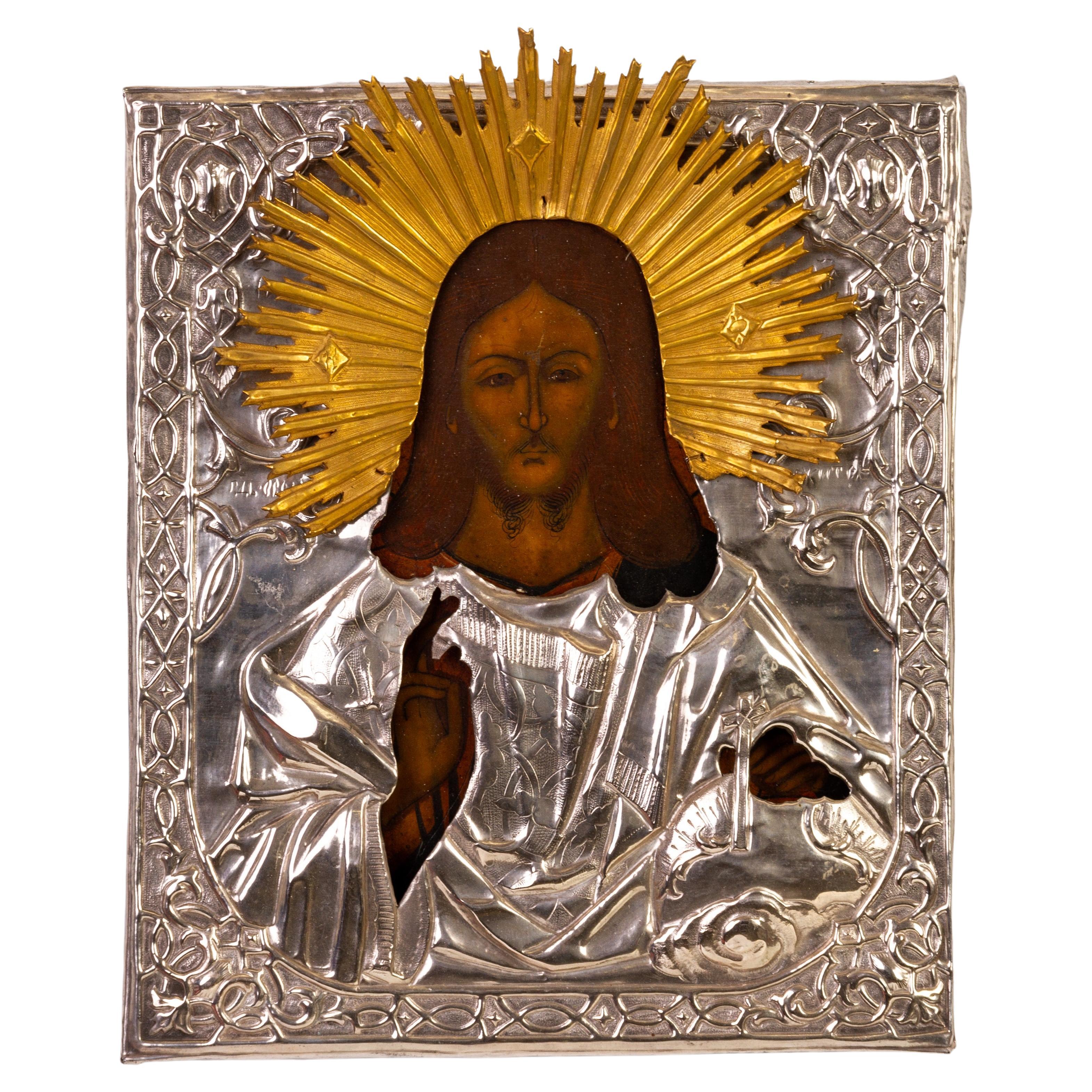 Russian Orthodox Polychrome Wood Panel Icon of Christ 19th Century