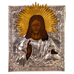 Russian Orthodox Polychrome Wood Panel Icon of Christ 19th Century