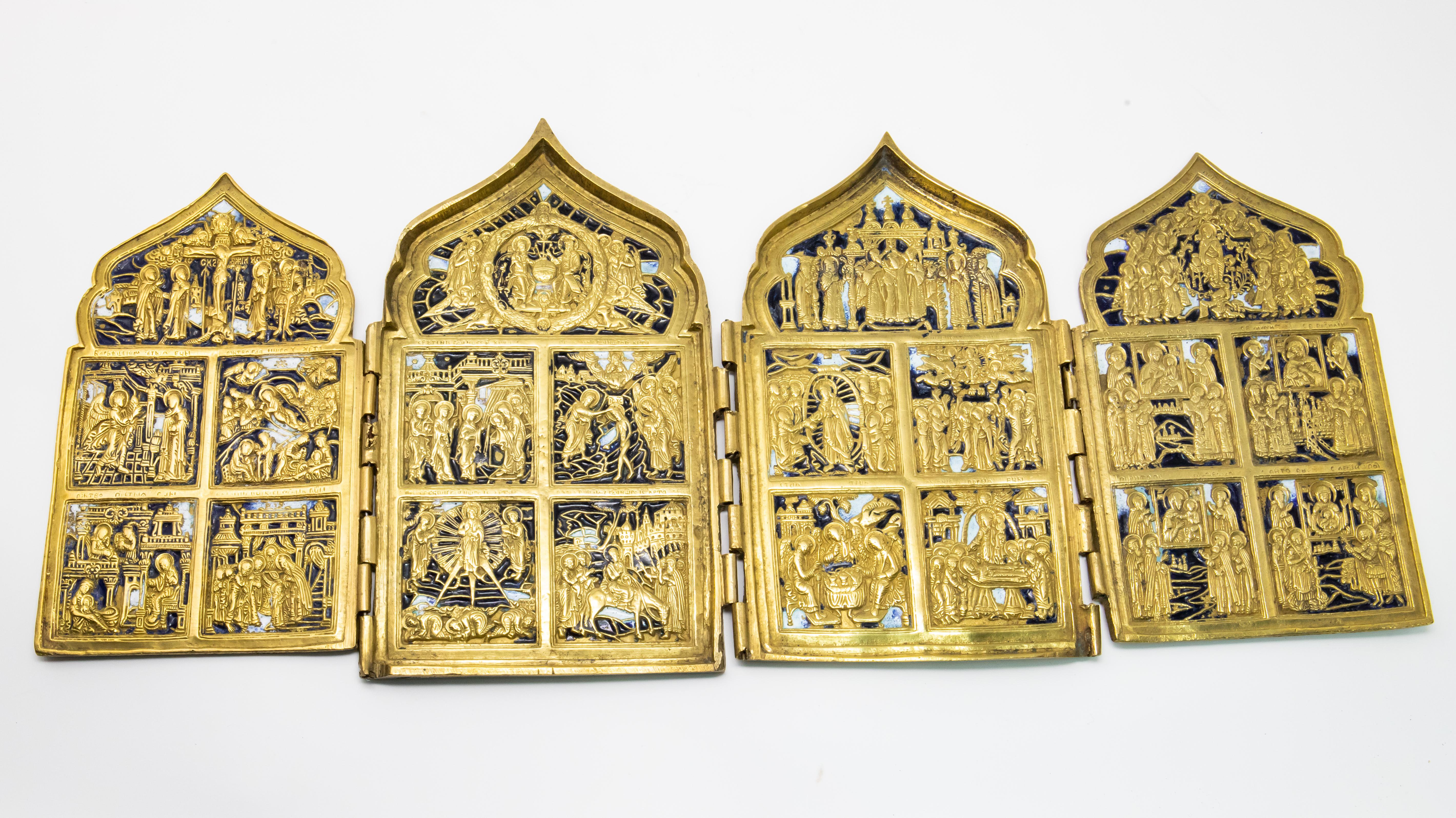 Russian orthodox Quadriptych, 19th century. Traveling story teller. Made of solid brass with enamel paint.