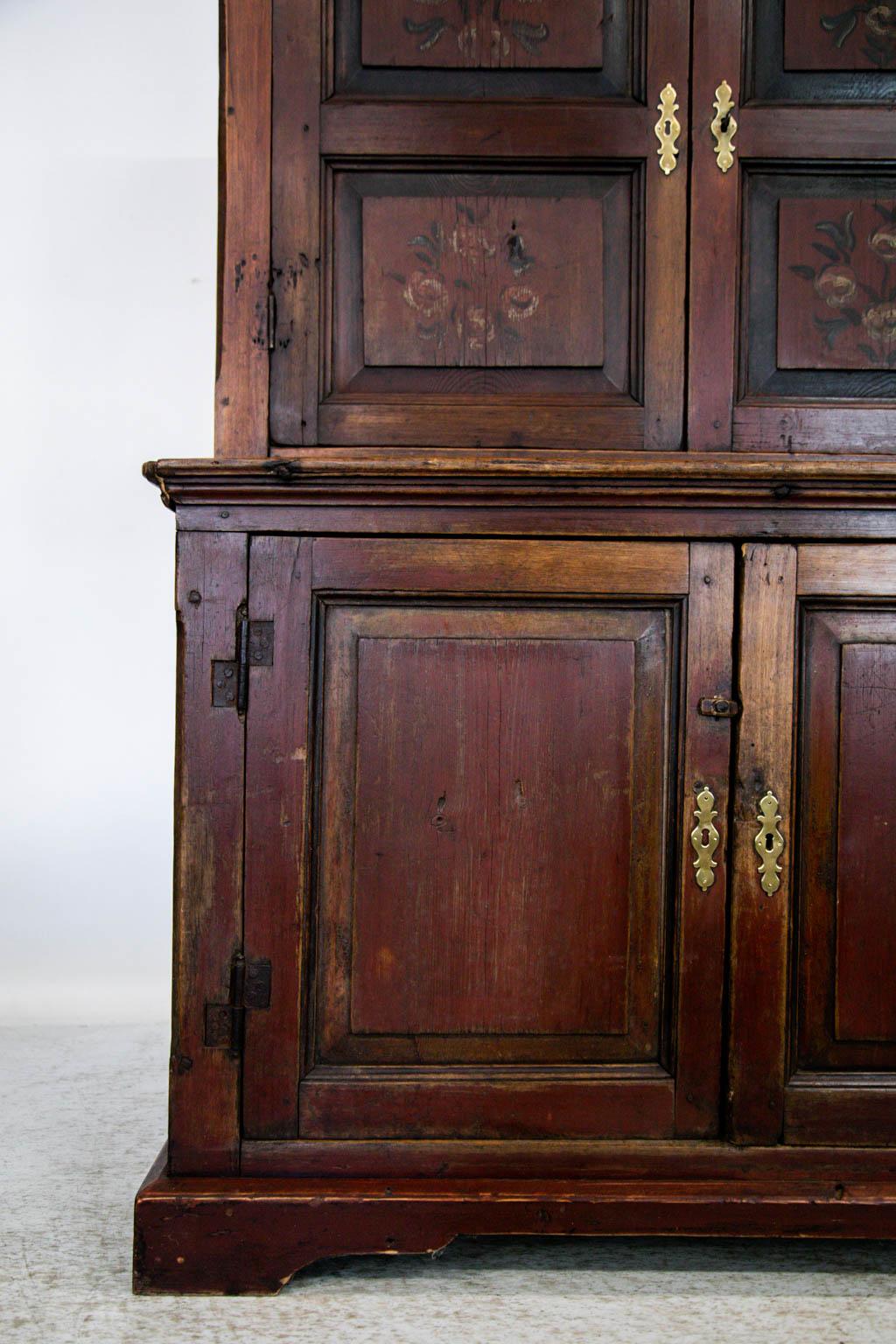 Hand-Painted Russian Painted Pine Stepback Cupboard