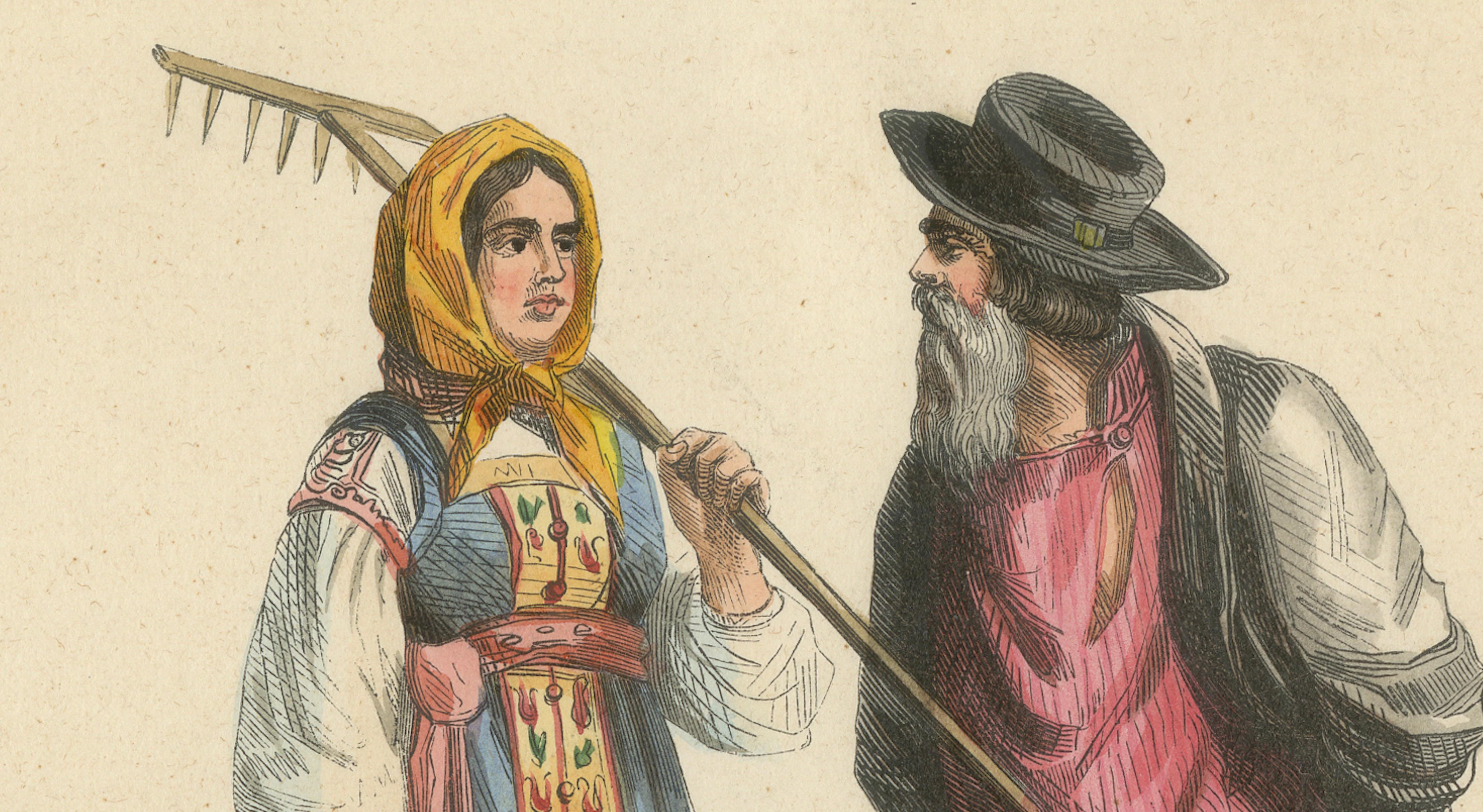 Russian Peasant Family, Government of Tver, Hand-Coloured Lithograph, 1845