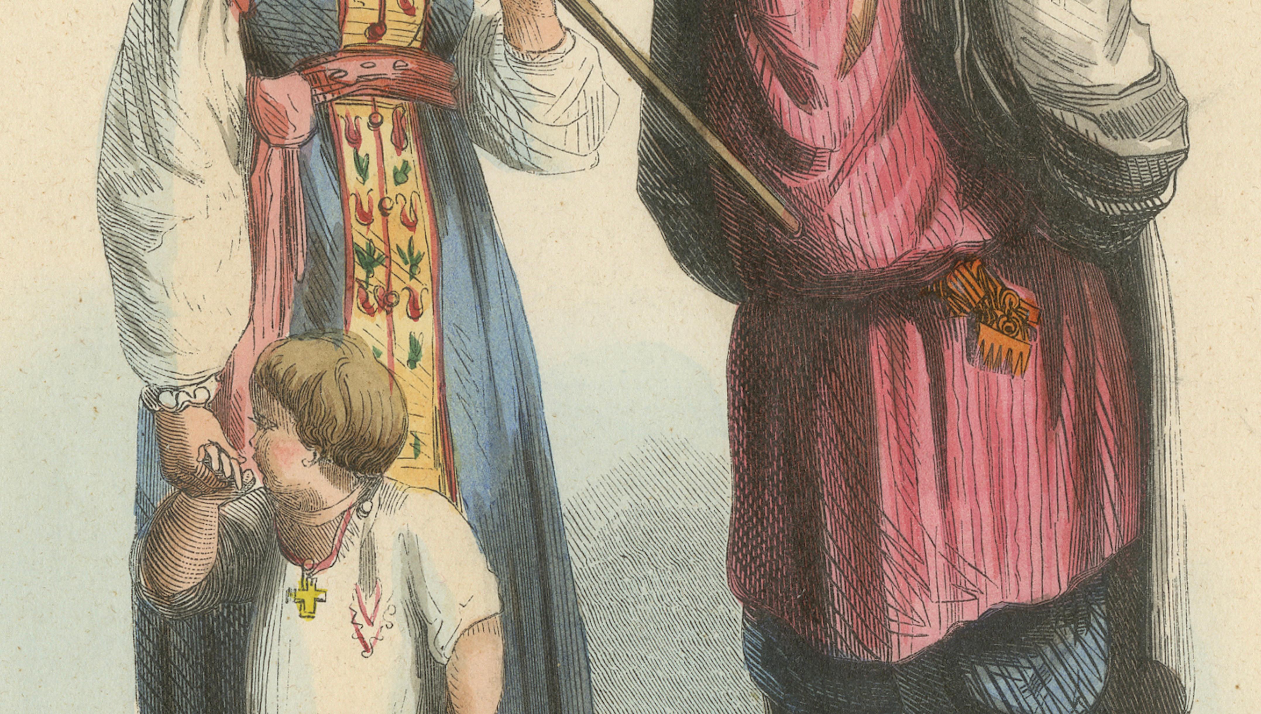 Russian Peasant Family, Government of Tver, Hand-Coloured Lithograph, 1845