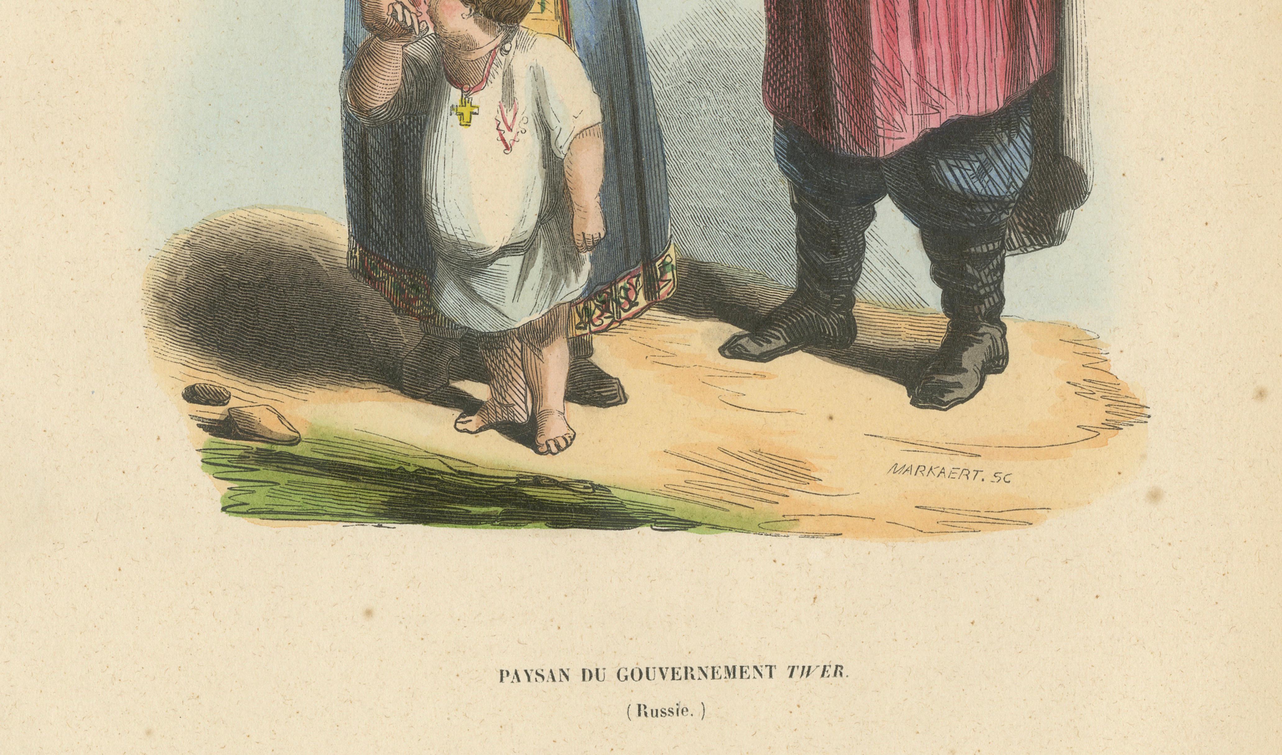 Russian Peasant Family, Government of Tver, Hand-Coloured Lithograph, 1845