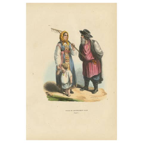 Russian Peasant Family, Government of Tver, Hand-Coloured Lithograph, 1845
