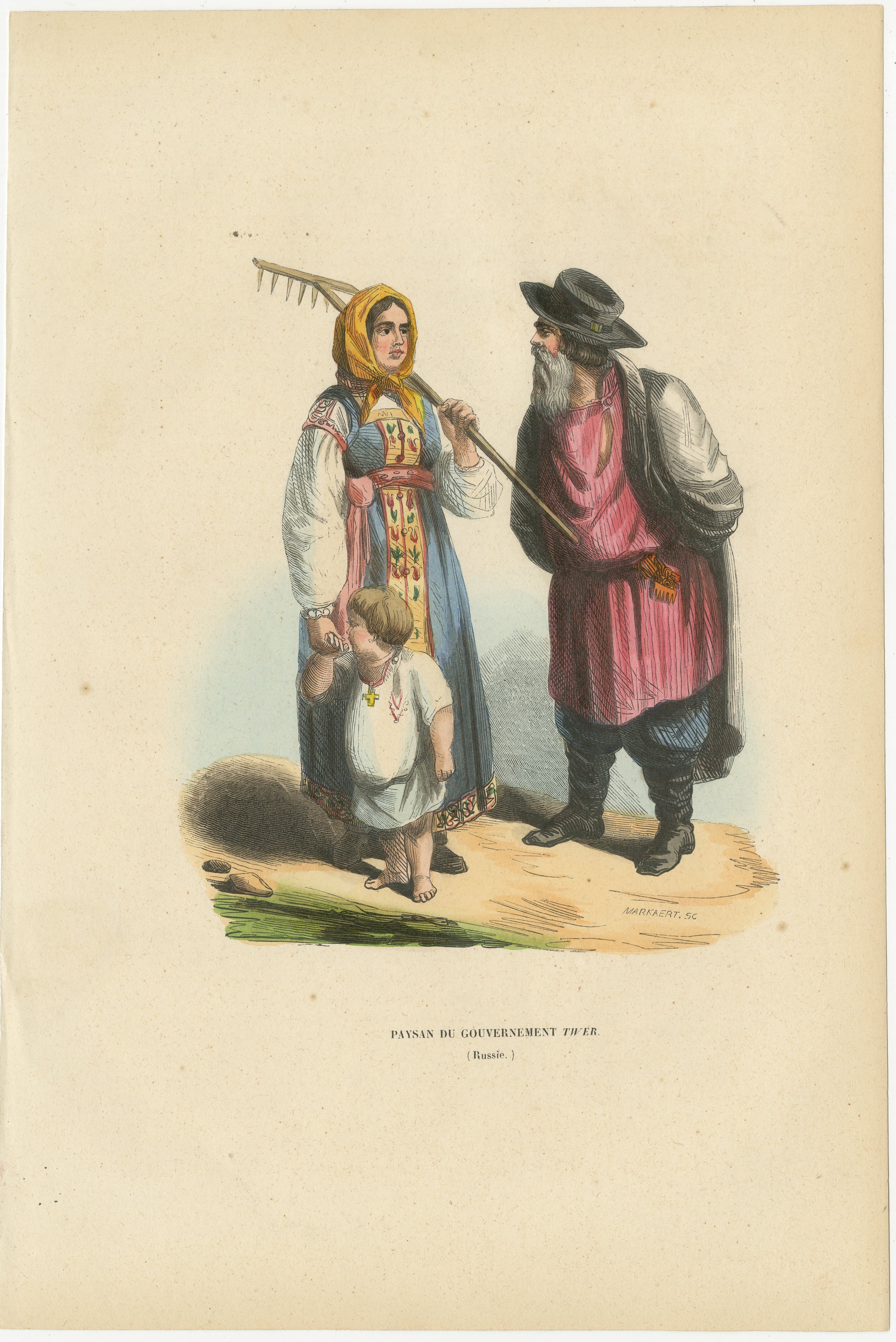 Russian Peasant Family, Government of Tver, Hand-Coloured Lithograph, 1845