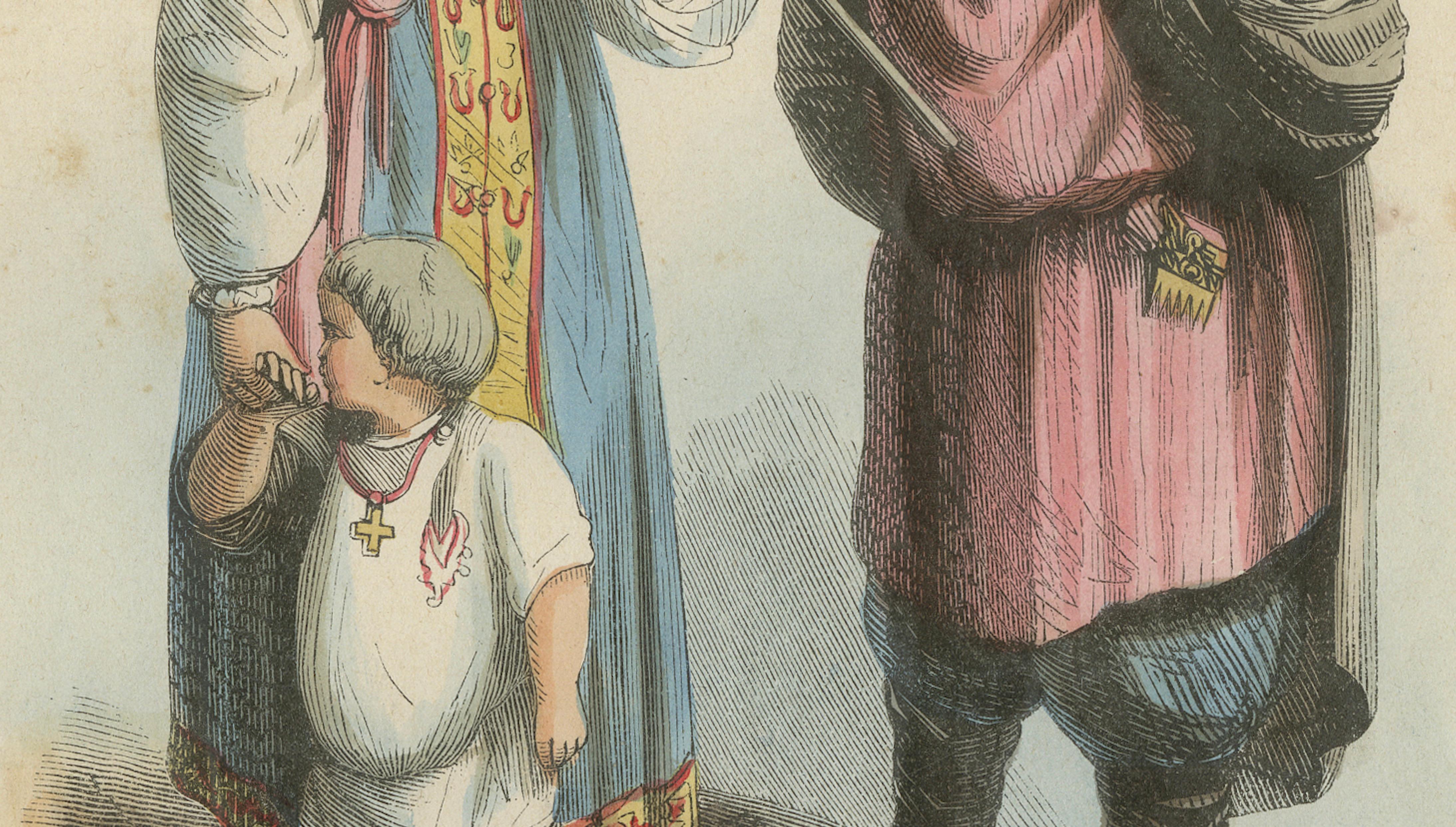 Russian Peasants from the Tver Governorate - Antique Costume Lithograph, c.1852
