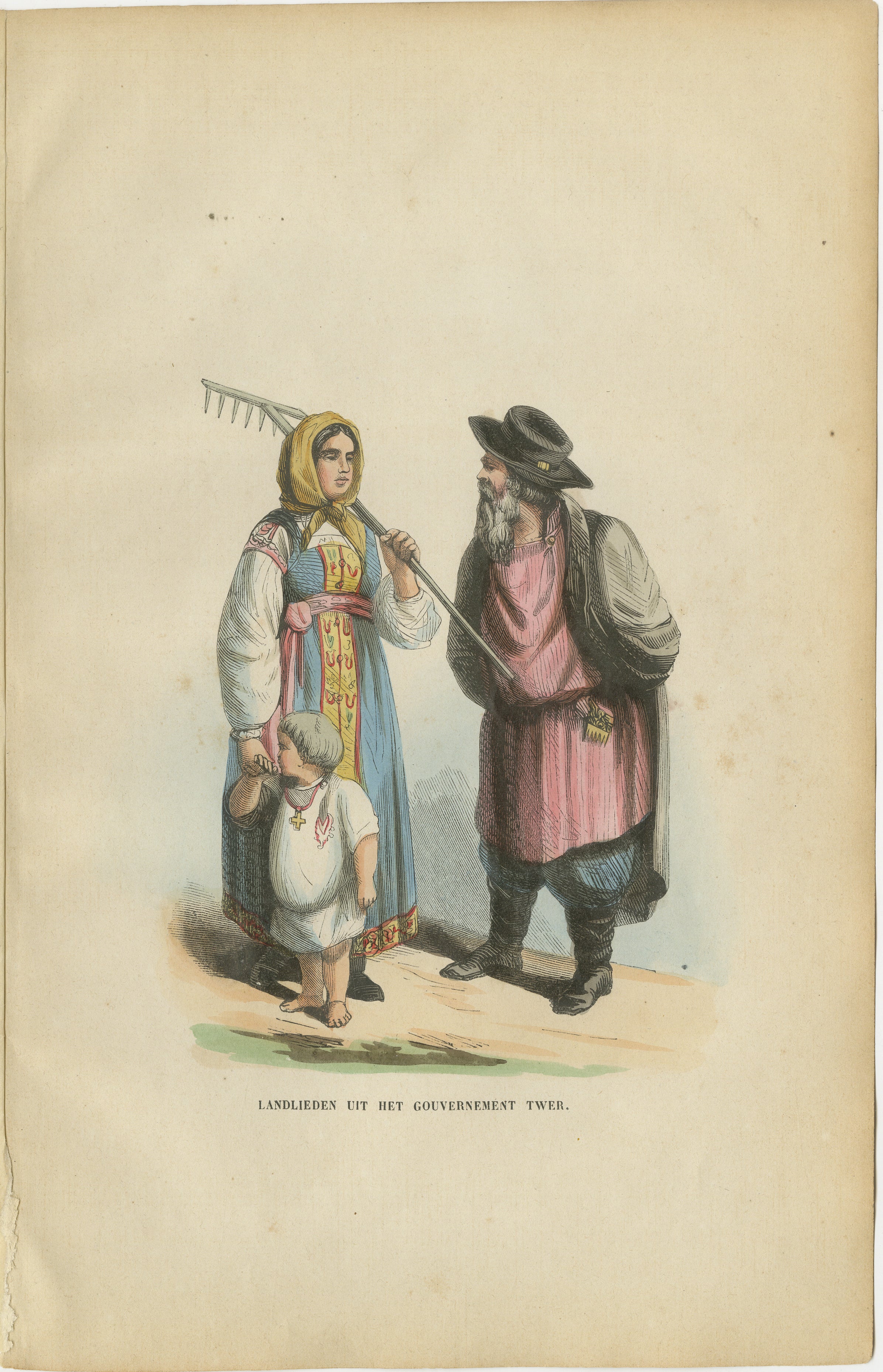 Russian Peasants from the Tver Governorate - Antique Costume Lithograph, c.1852
