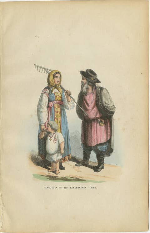 Russian Peasants from the Tver Governorate - Antique Costume Lithograph, c.1852