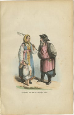Russian Peasants from the Tver Governorate - Antique Costume Lithograph, c.1852
