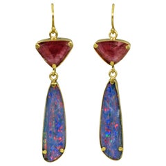 Retro Russian Pink Tourmaline and Australian Boulder Opal 22k Gold Dangle Earrings