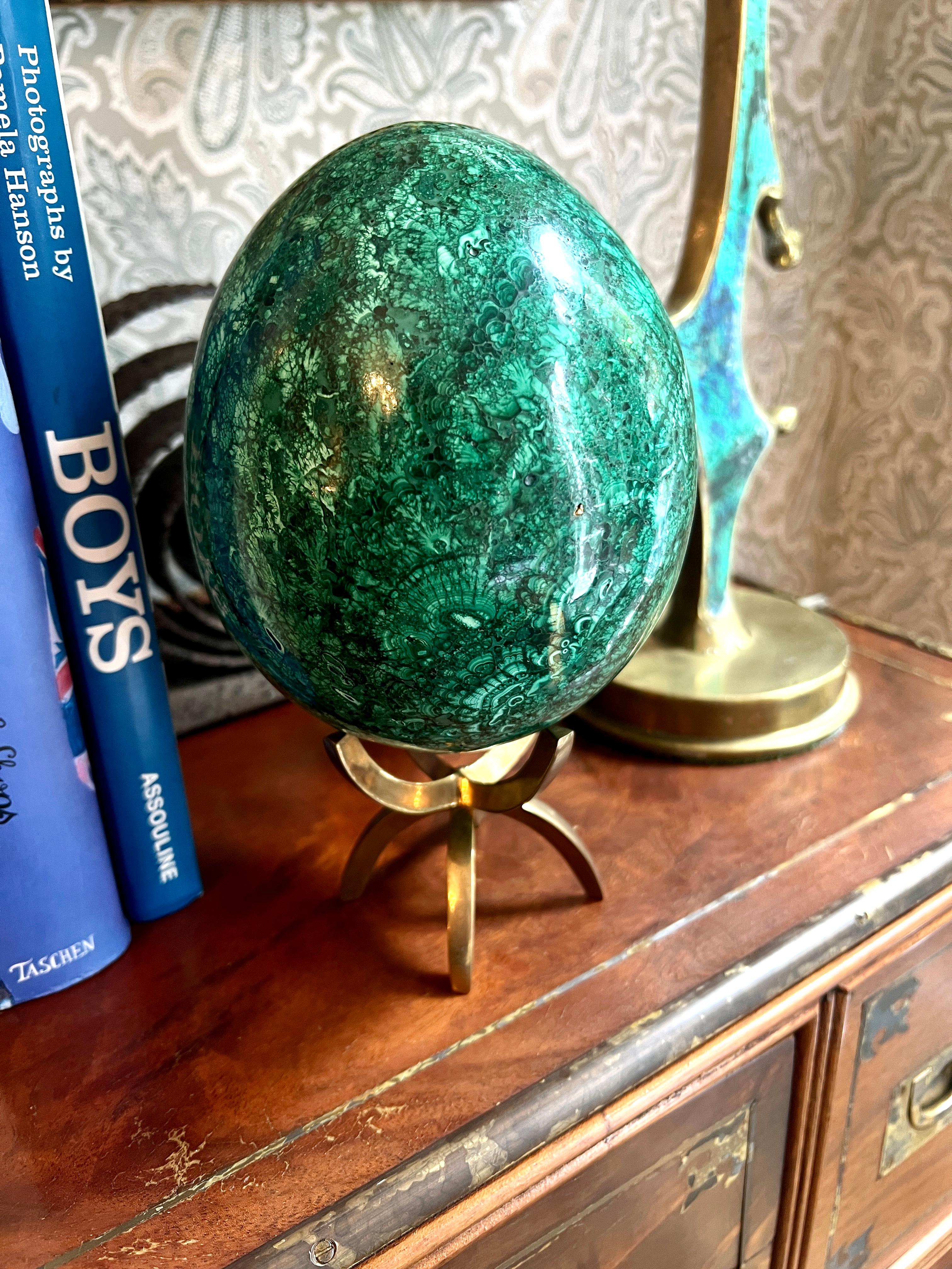 20th Century Russian Polished Malachite Shaped Egg On Malachite Band Stand For Sale