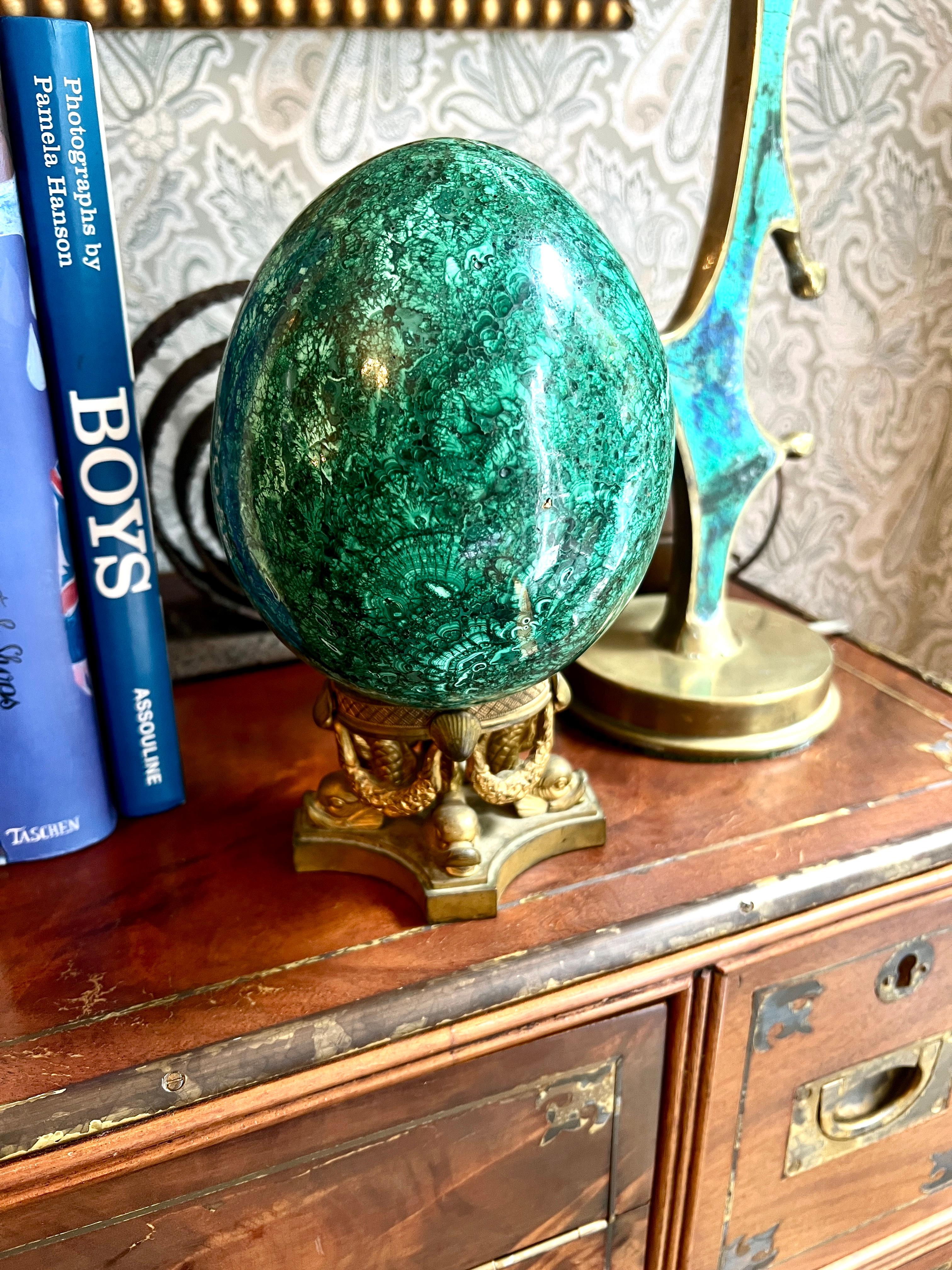 Russian Polished Malachite Shaped Egg On Malachite Band Stand For Sale 1