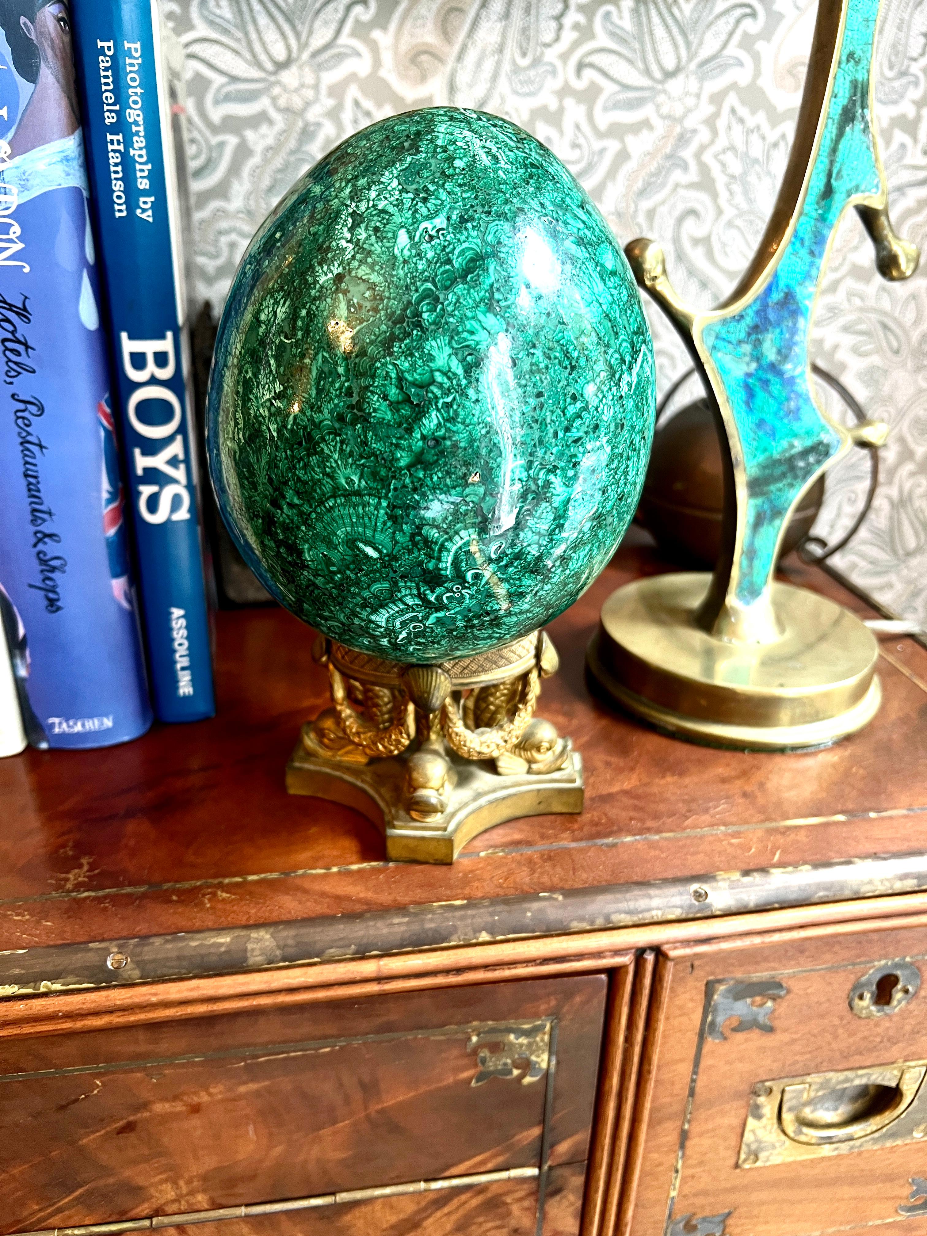 Russian Polished Malachite Shaped Egg On Malachite Band Stand For Sale 2