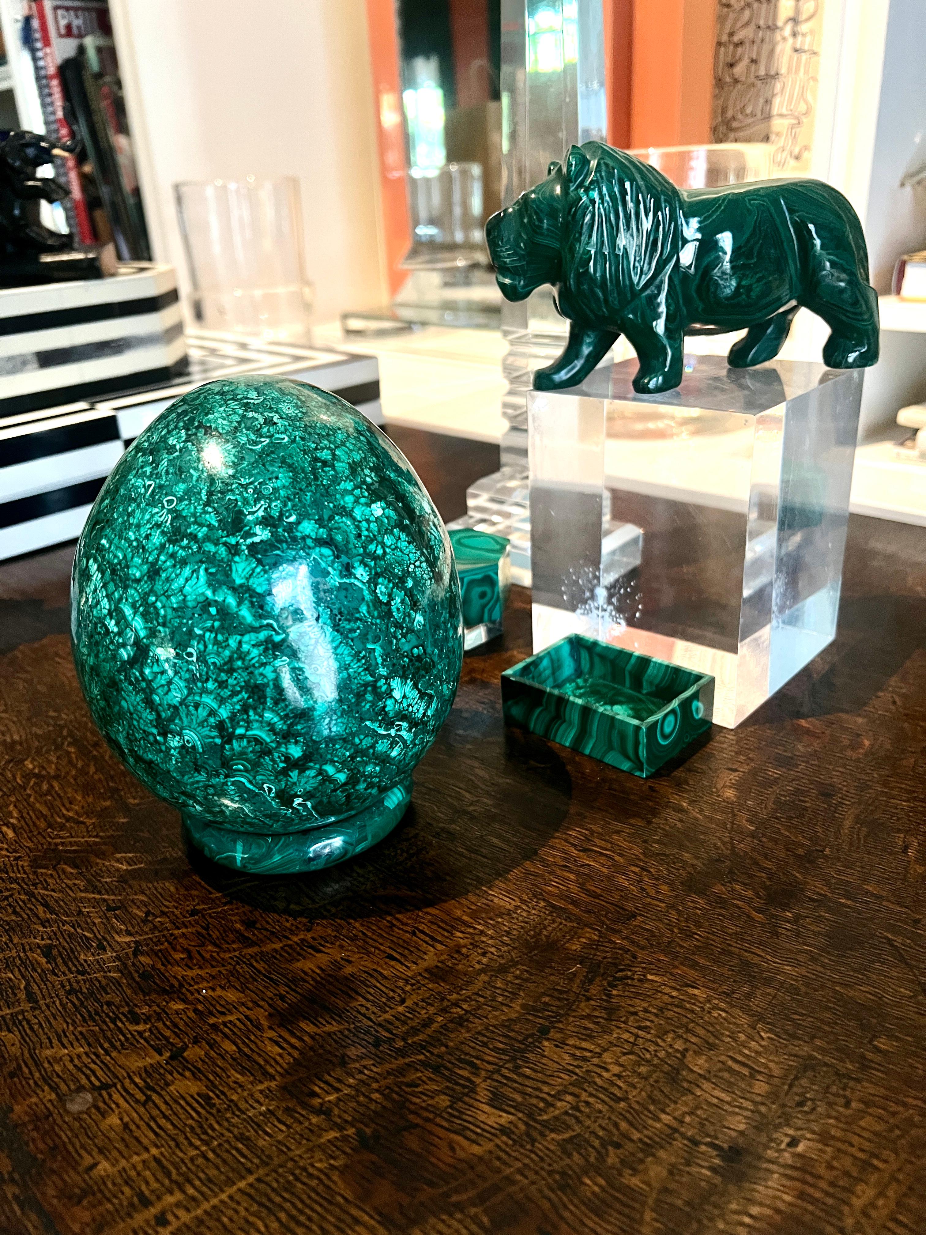 Russian Polished Malachite Shaped Egg On Malachite Band Stand For Sale 3