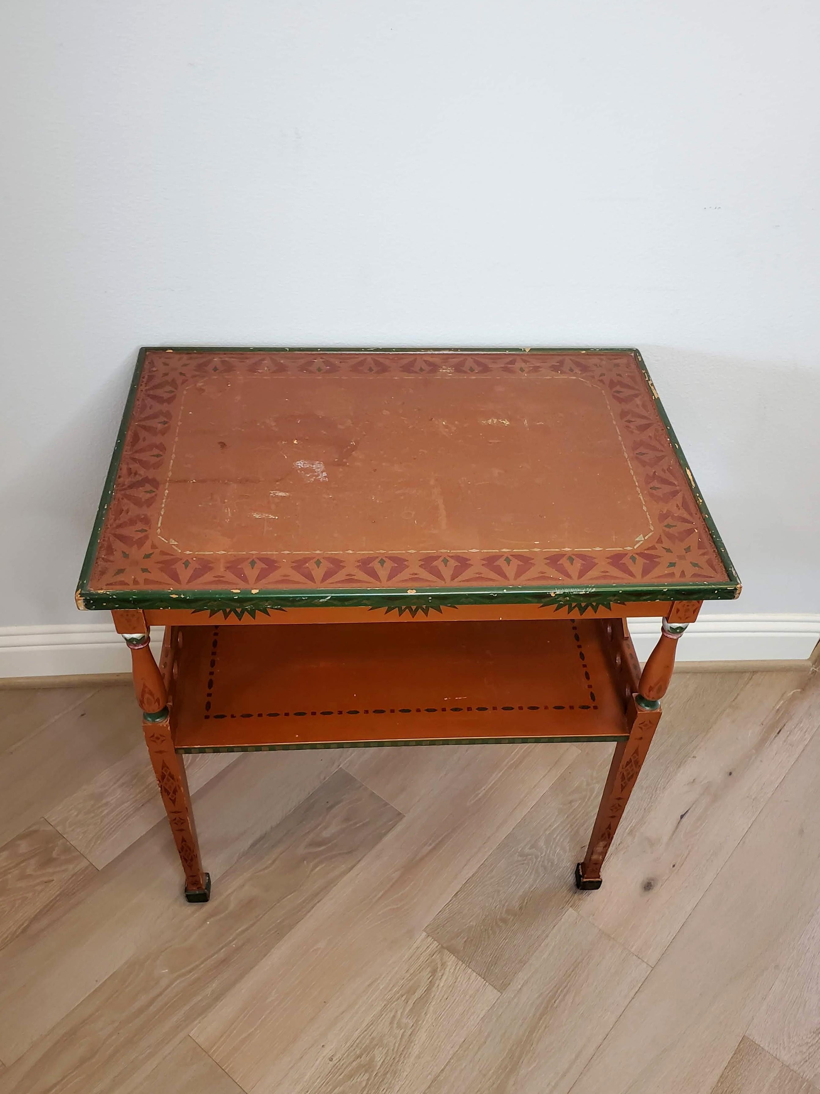 Russian Polychrome Folk Painted Two-Tier Rolling Tea Table Dessert Cart For Sale 8