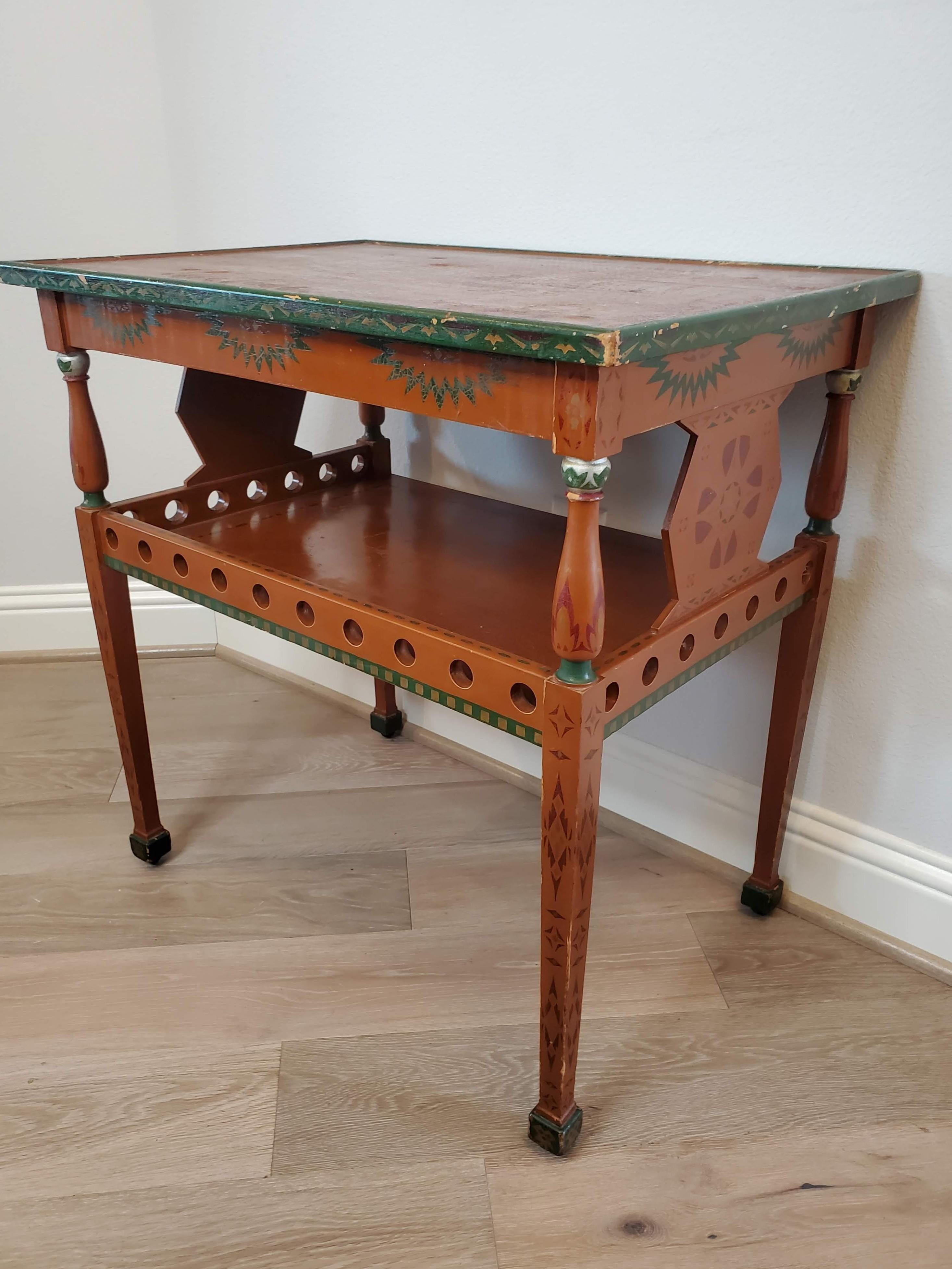 Russian Polychrome Folk Painted Two-Tier Rolling Tea Table Dessert Cart For Sale 12