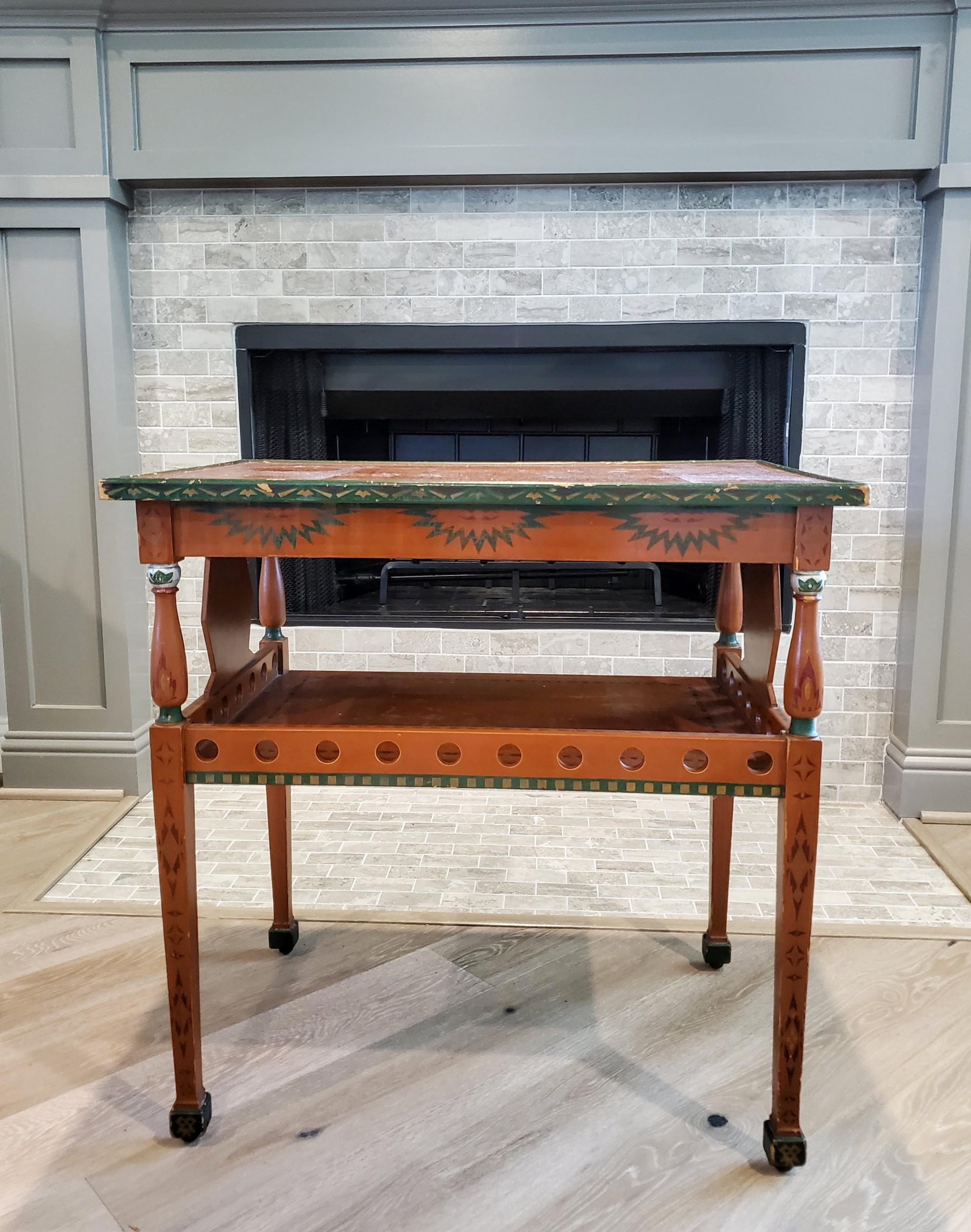 Polychromed Russian Polychrome Folk Painted Two-Tier Rolling Tea Table Dessert Cart For Sale