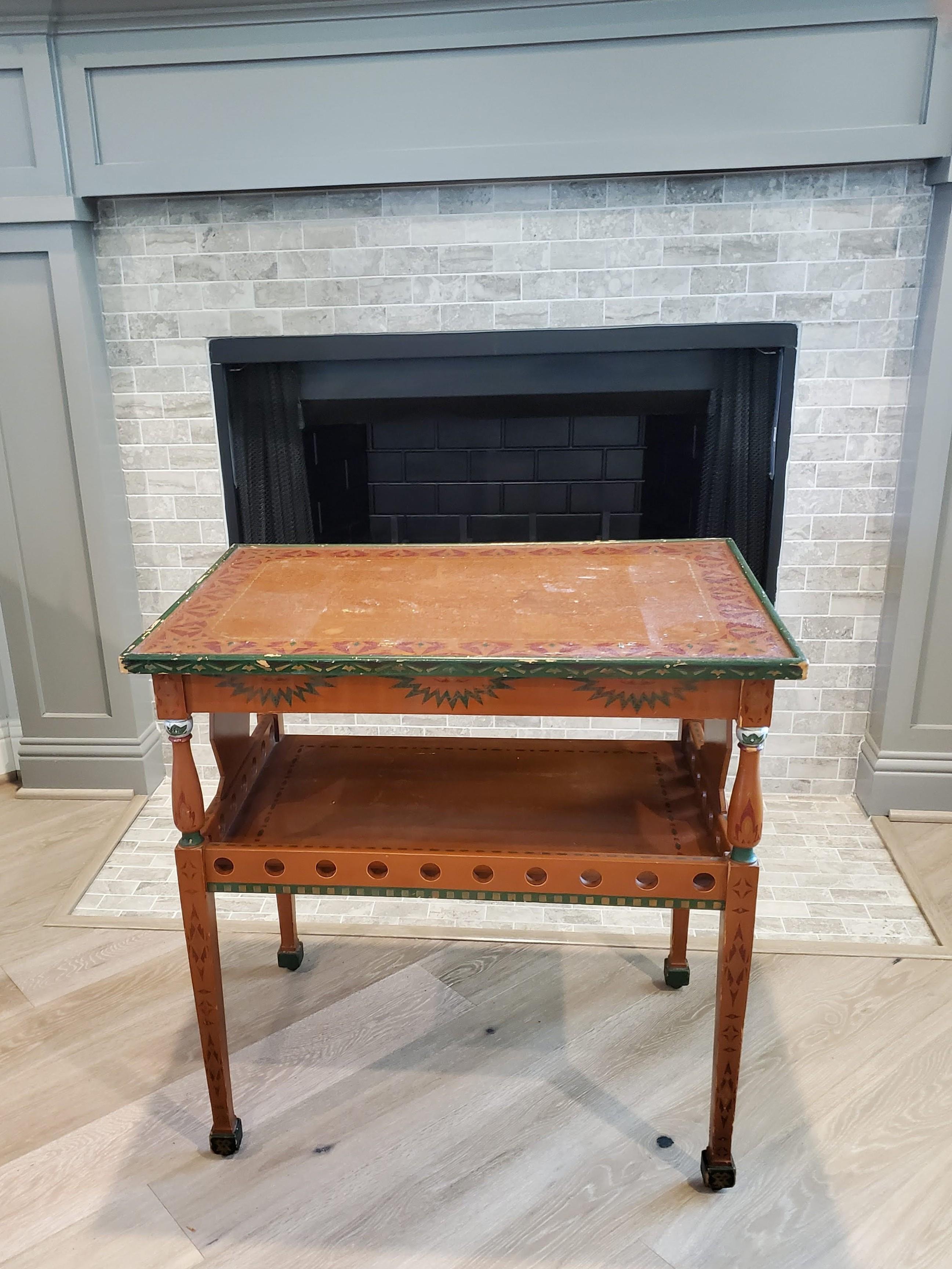 Russian Polychrome Folk Painted Two-Tier Rolling Tea Table Dessert Cart In Good Condition For Sale In Forney, TX
