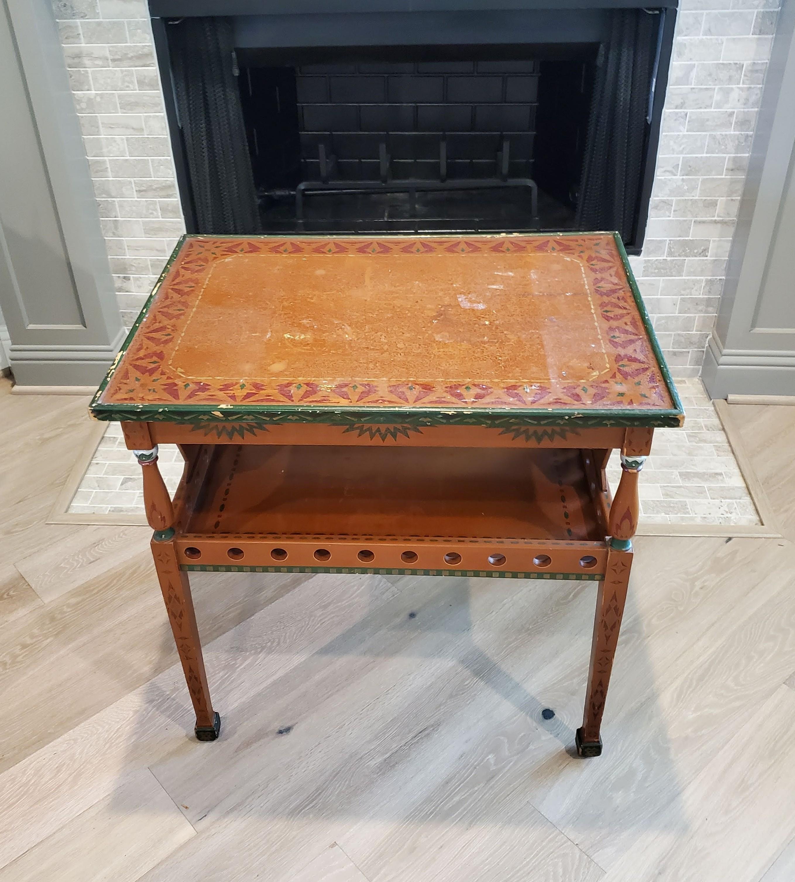 20th Century Russian Polychrome Folk Painted Two-Tier Rolling Tea Table Dessert Cart For Sale