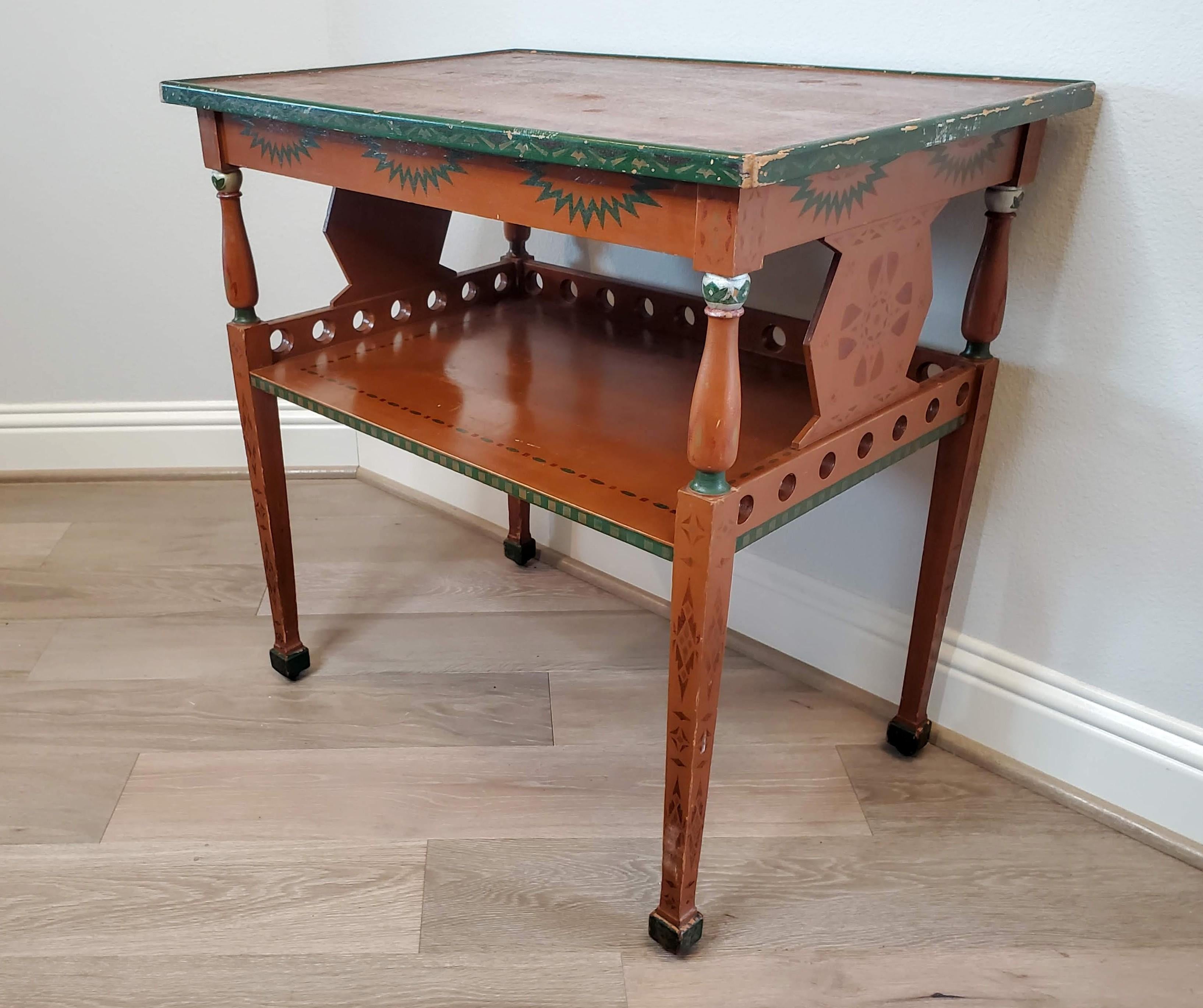 Russian Polychrome Folk Painted Two-Tier Rolling Tea Table Dessert Cart For Sale 1