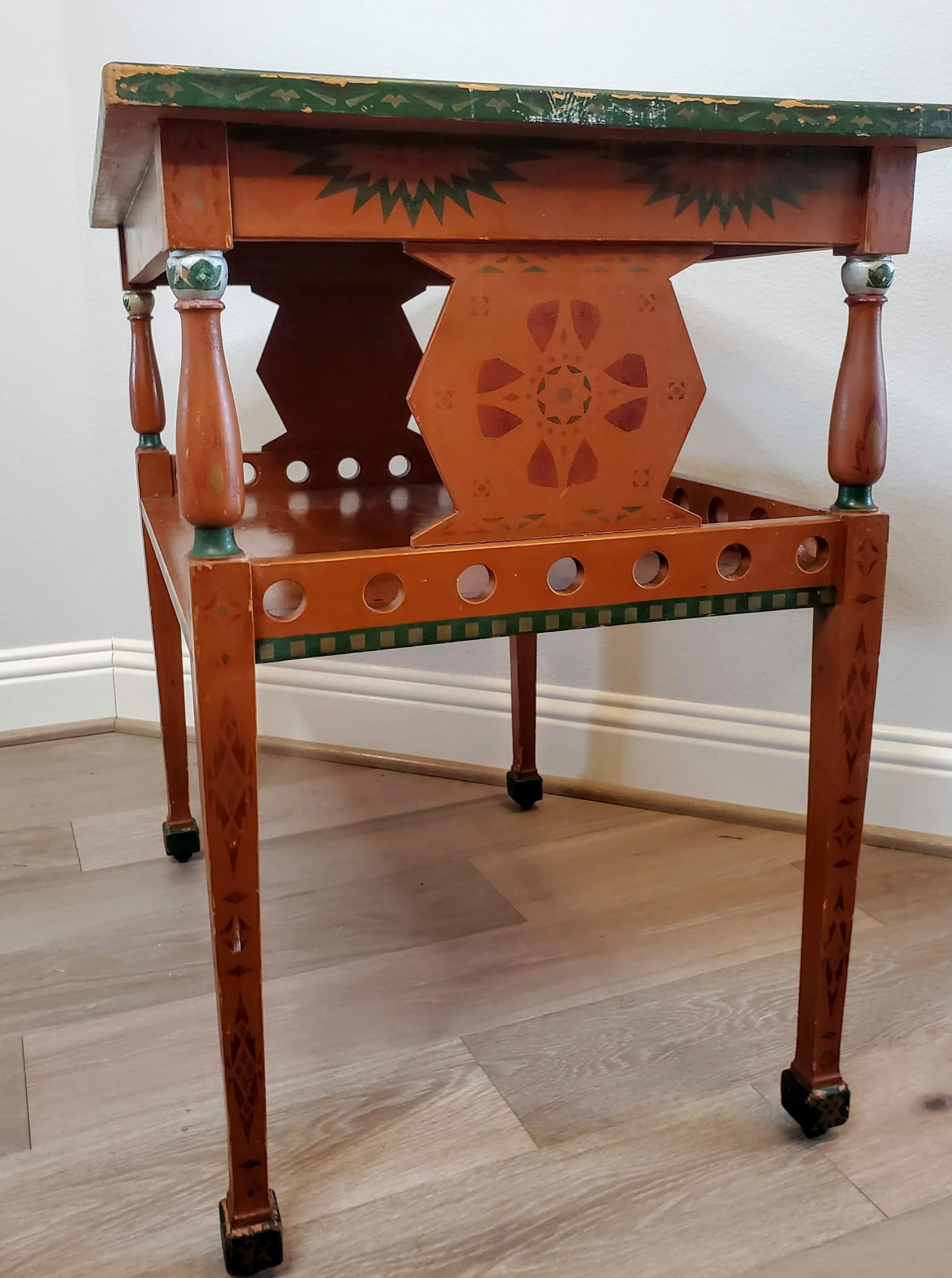 Russian Polychrome Folk Painted Two-Tier Rolling Tea Table Dessert Cart For Sale 2