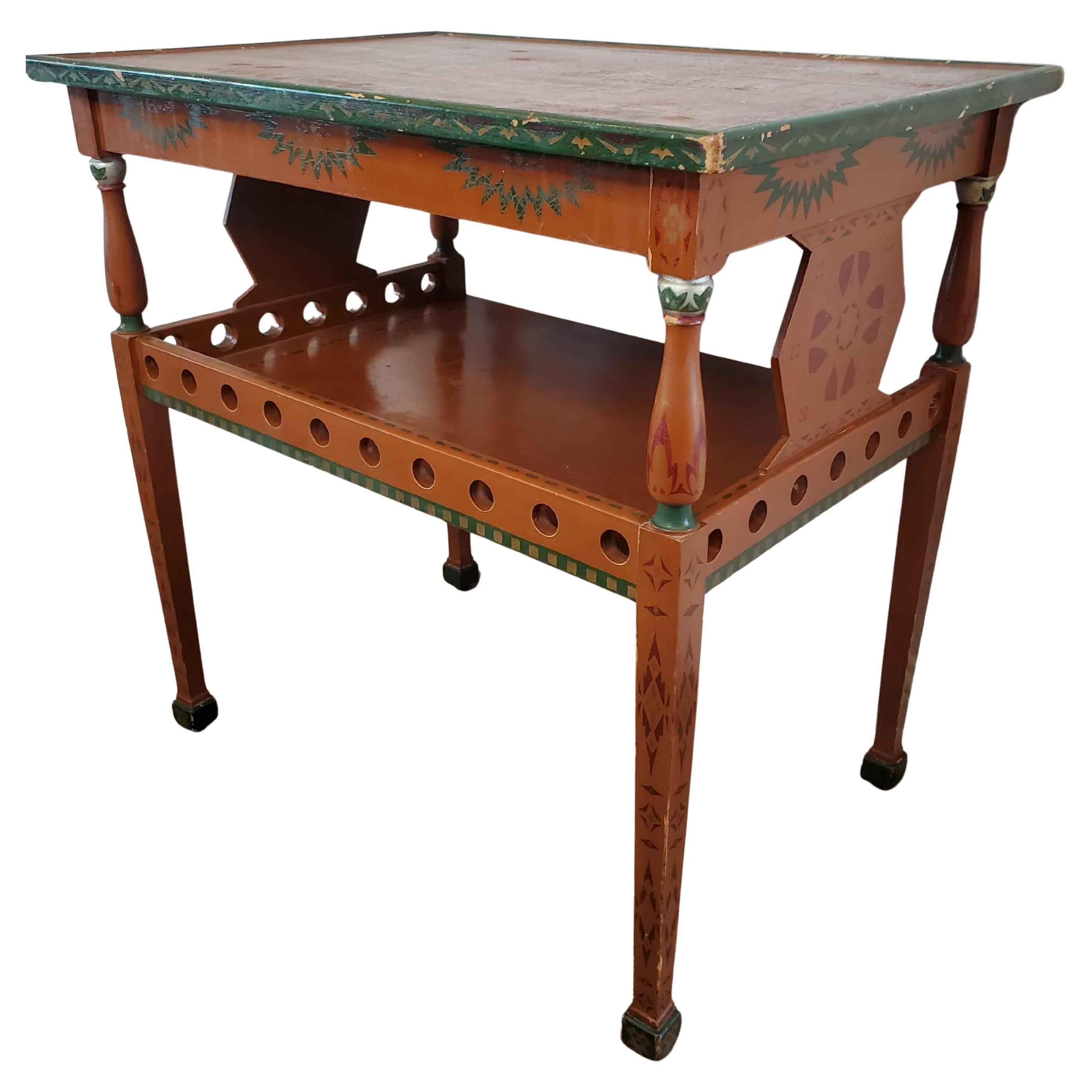 Russian Polychrome Folk Painted Two-Tier Rolling Tea Table Dessert Cart For Sale