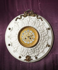 Russian Porcelain Wall Clock w Gilt Bronze Bow & 24k Gold Double Eagle Dial