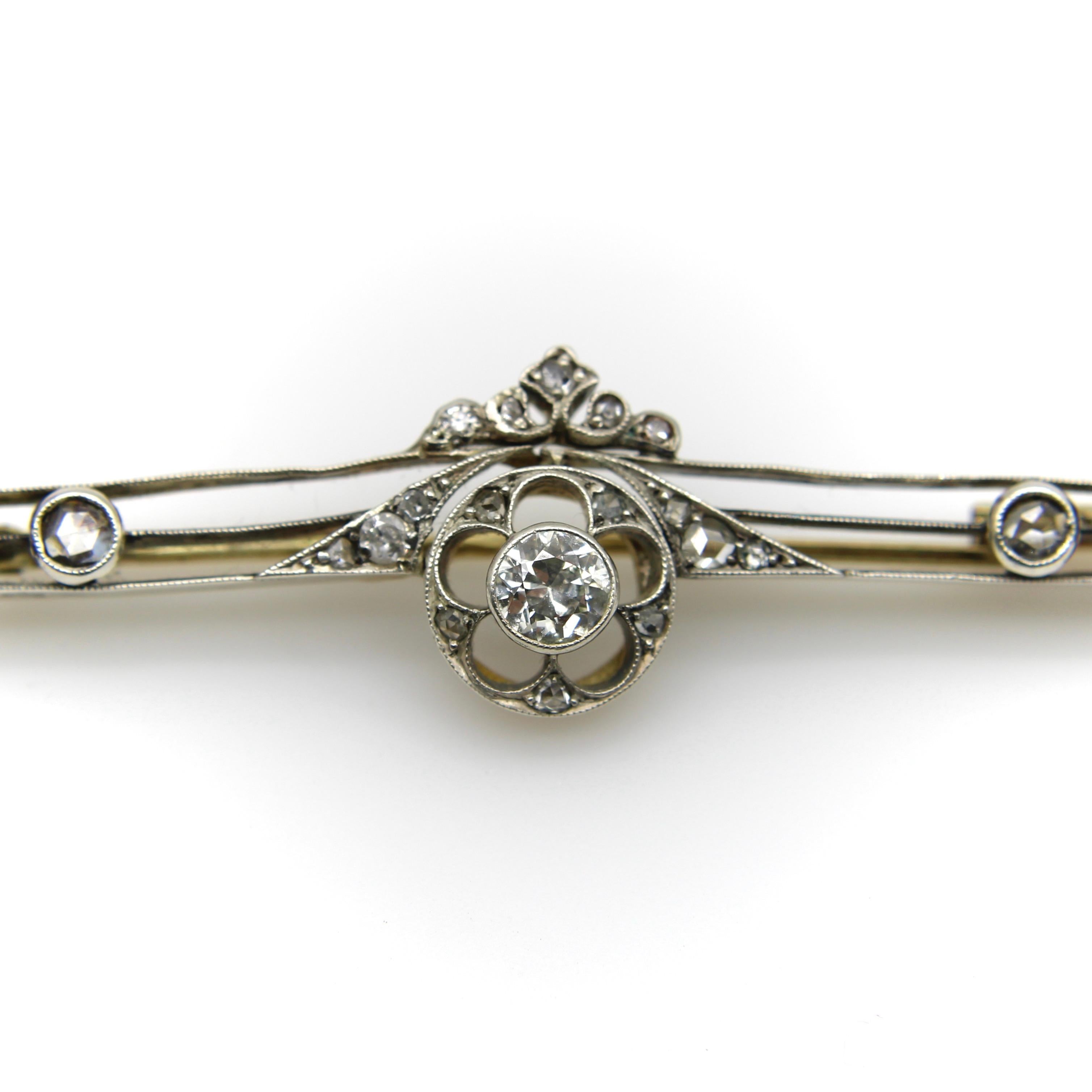 Rose Cut Russian Pre-Revolutionary 14K Gold and Diamond Bar Pin  For Sale