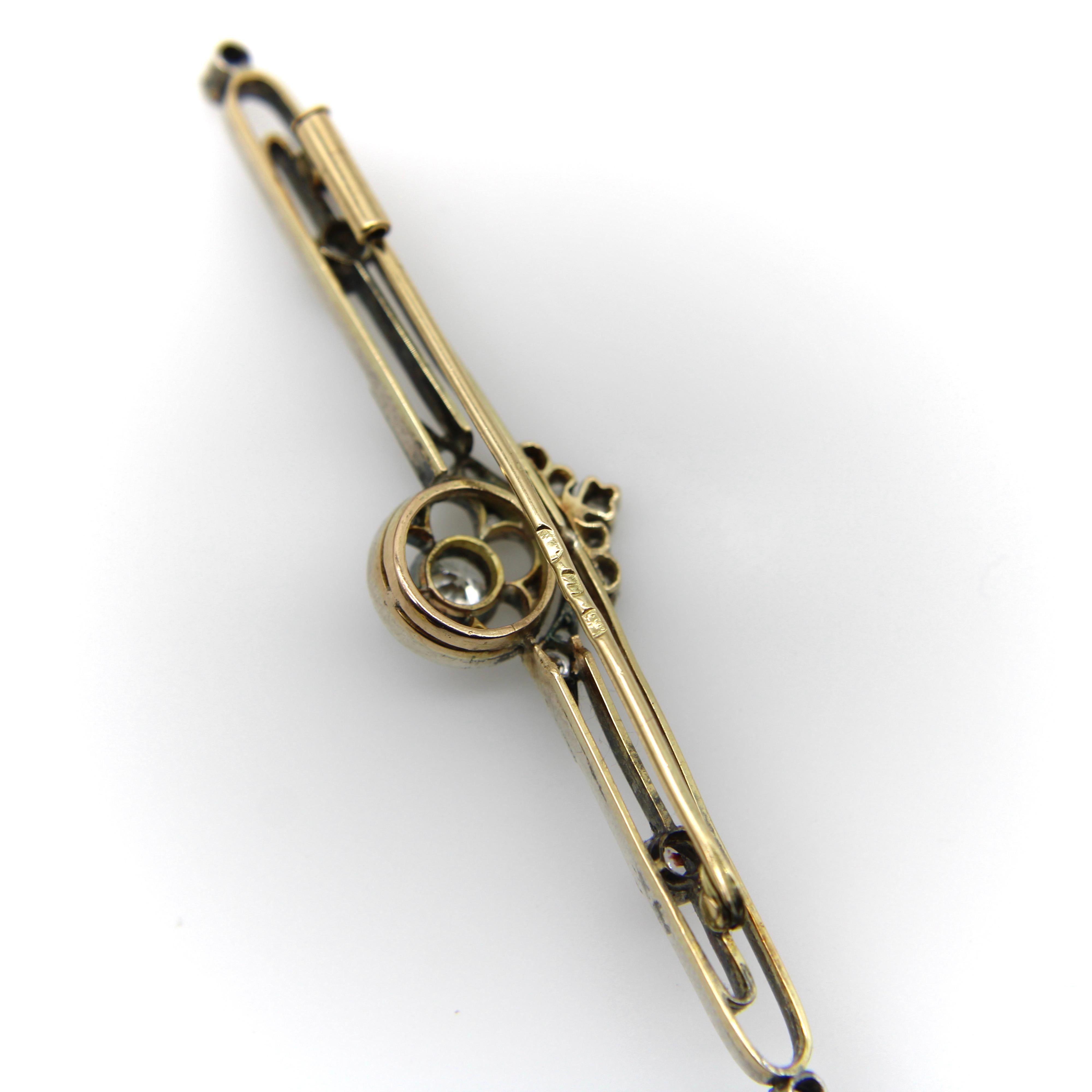 Women's or Men's Russian Pre-Revolutionary 14K Gold and Diamond Bar Pin  For Sale