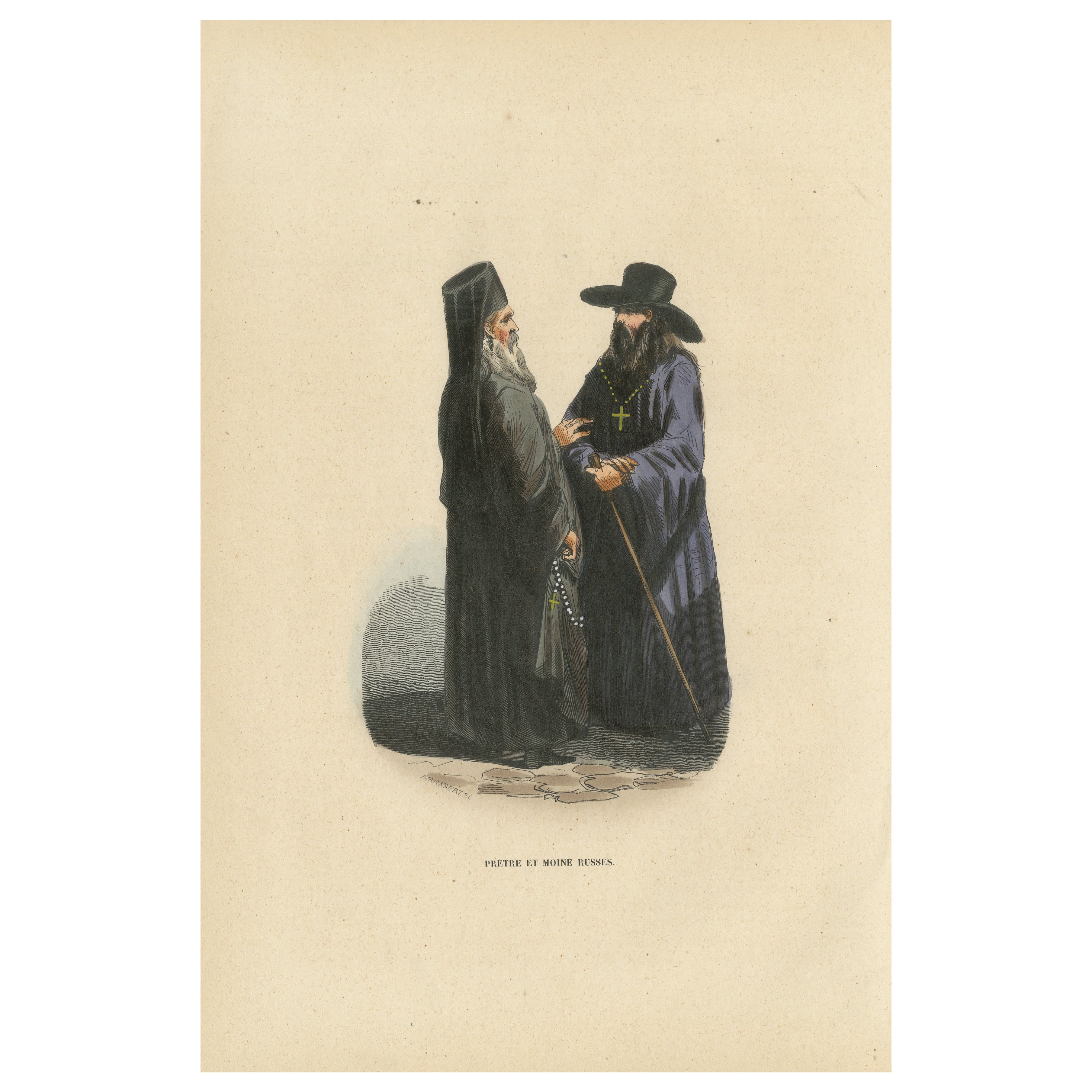 Russian Priest and Monk – Hand-Coloured Lithograph, c.1845 For Sale