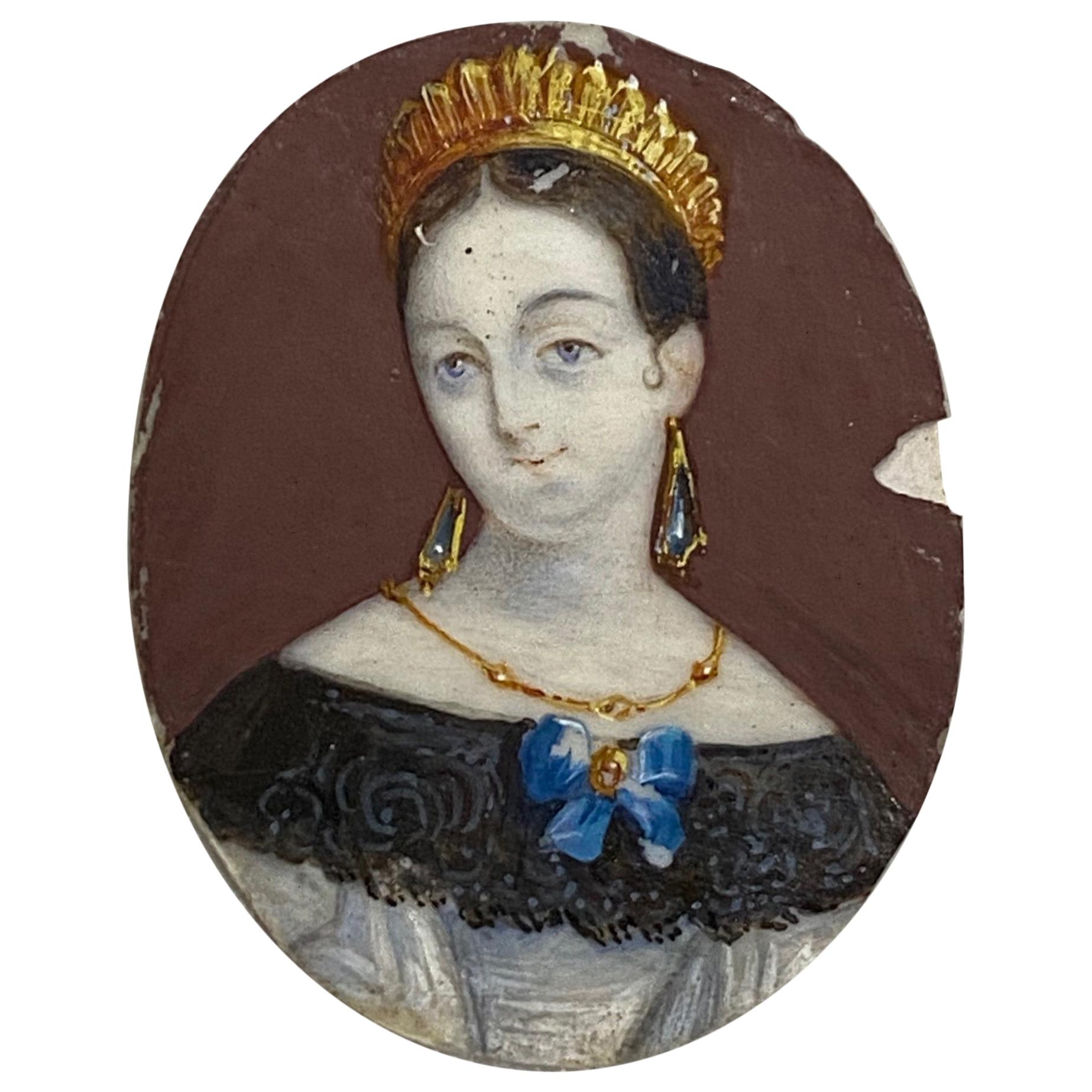 Russian Princess with Tiara and Elaborate Jewelry Portrait Miniature For Sale