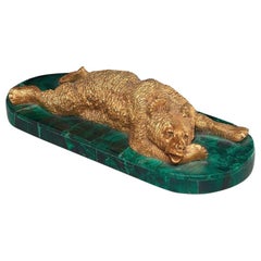 Russian Reclining Gilt Bronze Bear on Malachite Base, Late 19th Century