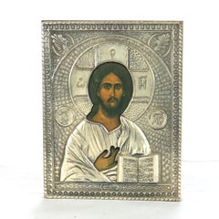 Russian Religious Icon Portrait of Jesus Encased in Sterling Silver 20thC