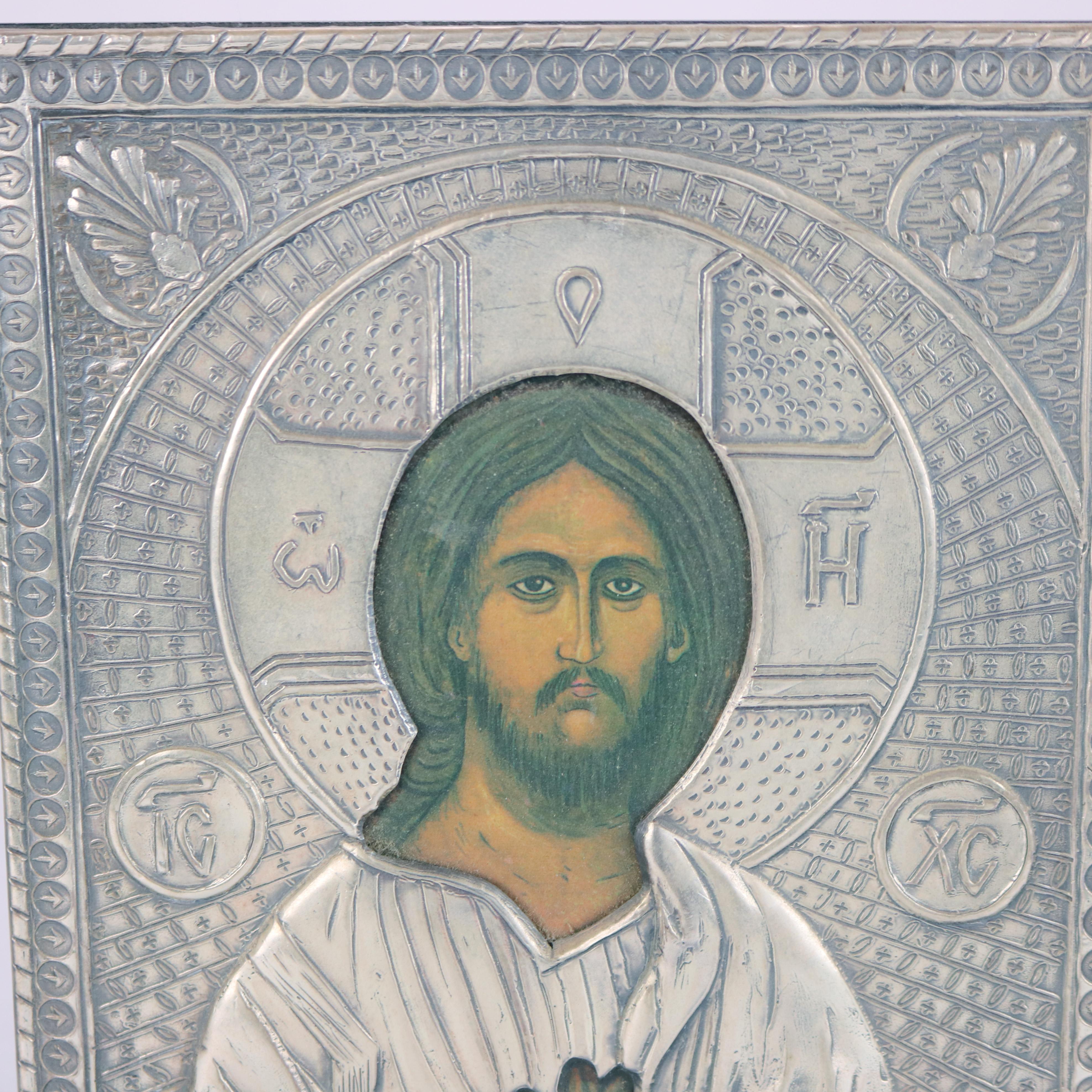 20th Century Russian Religious Icon Portrait of Jesus Encased in Sterling Silver 20thC For Sale