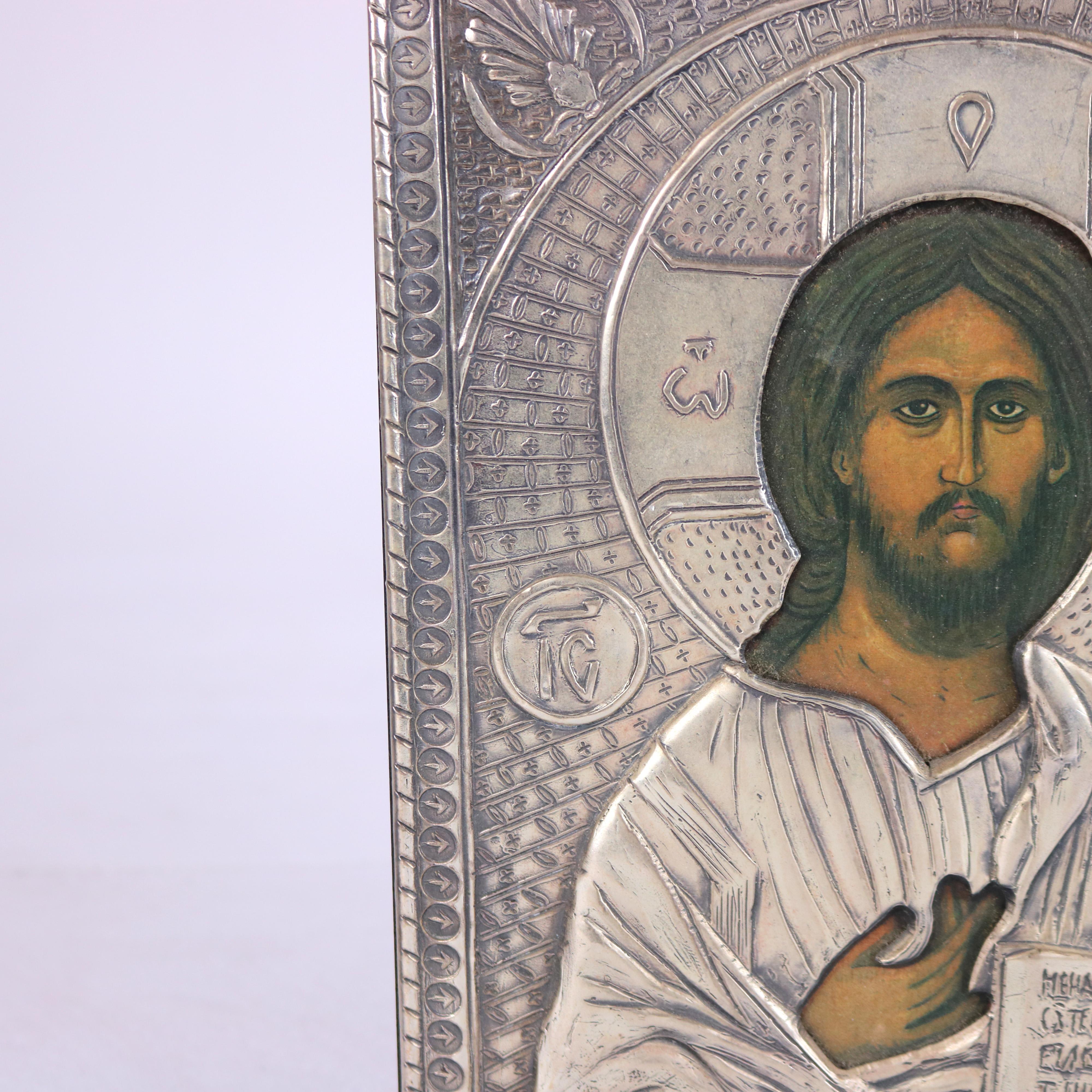 Wood Russian Religious Icon Portrait of Jesus Encased in Sterling Silver 20thC For Sale
