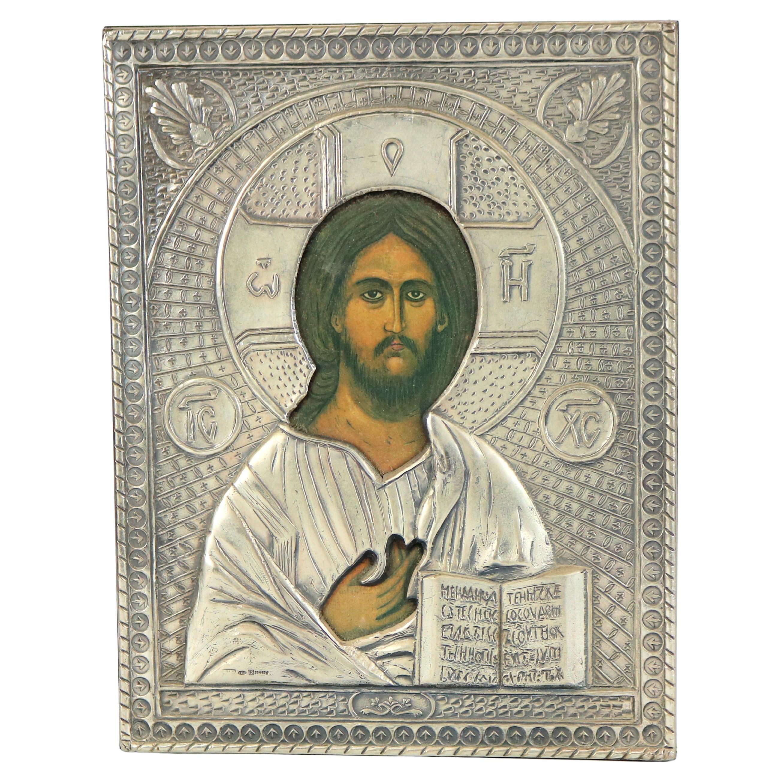 Russian Religious Icon Portrait of Jesus Encased in Sterling Silver 20thC