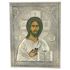 Icone religiose russe con ritratto di Gesù in argento massiccio del XX secolo