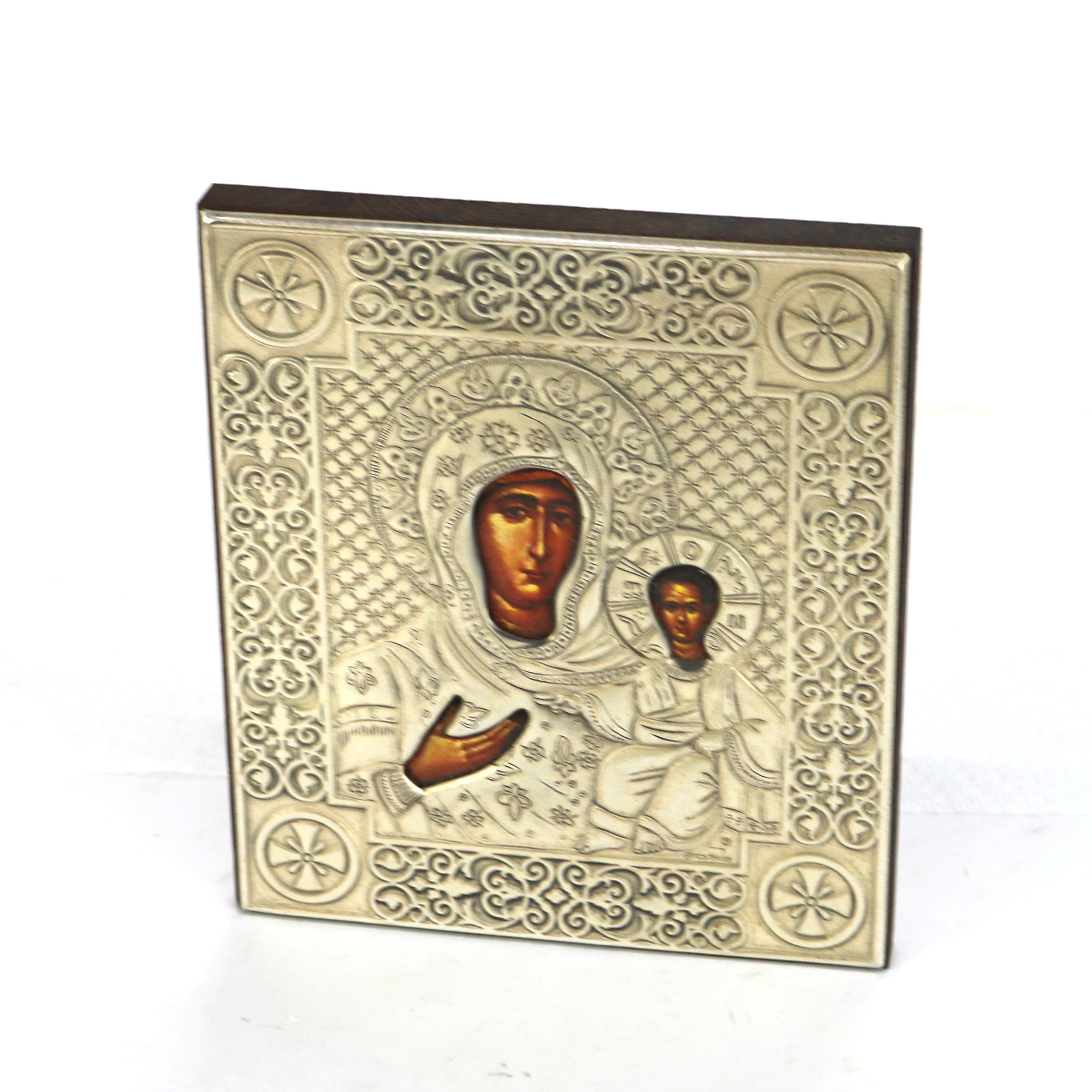 Russian Religious Icon Portrait of Mary & Baby Jesus Encased In Sterling Silver.
7