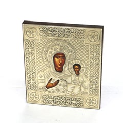 Russian Religious Icon Portrait of Mary & Baby Jesus Encased In Sterling Silver