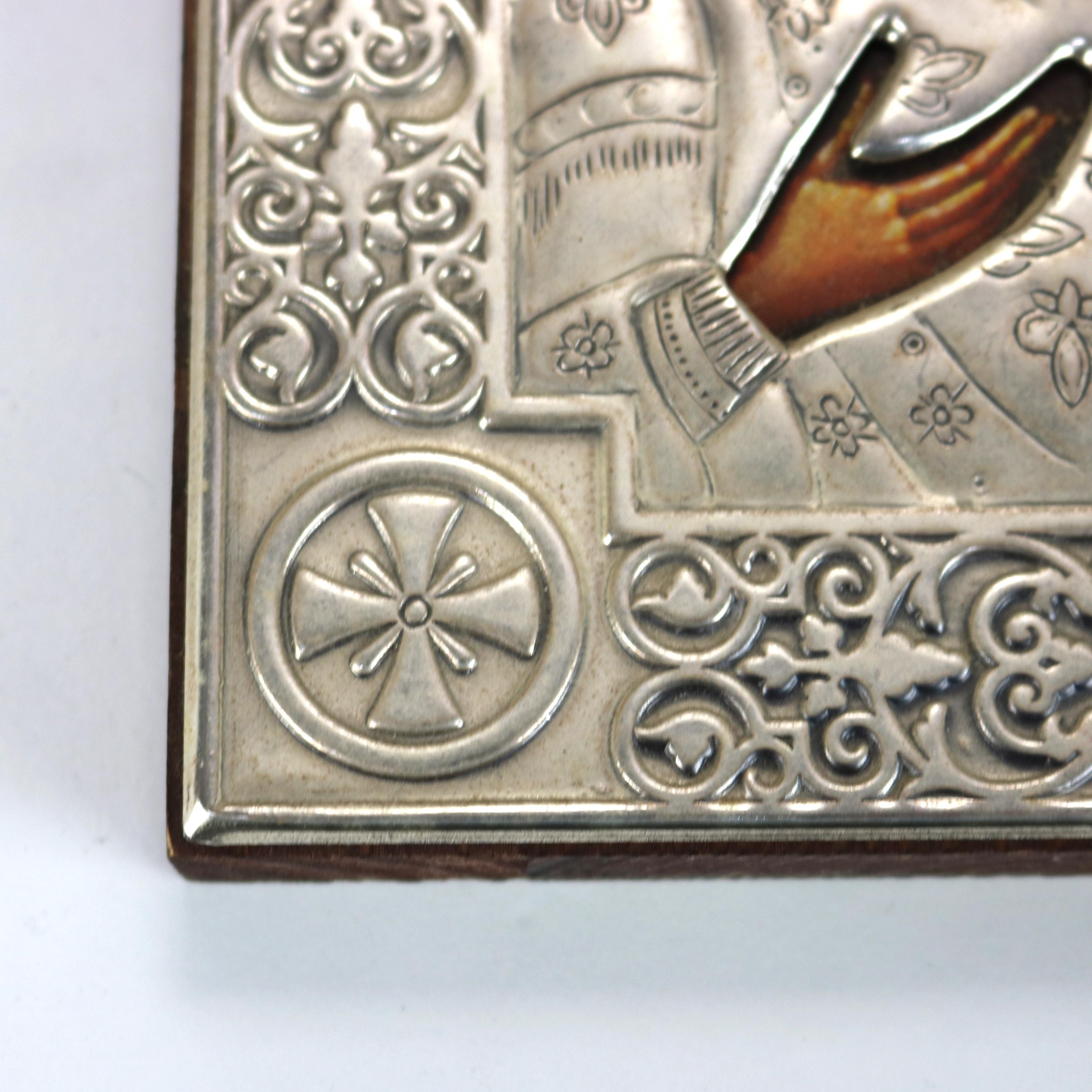 20th Century Russian Religious Icon Portrait of Mary & Baby Jesus Encased In Sterling Silver For Sale