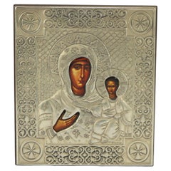 Russian Religious Icon Portrait of Mary & Baby Jesus Encased In Sterling Silver