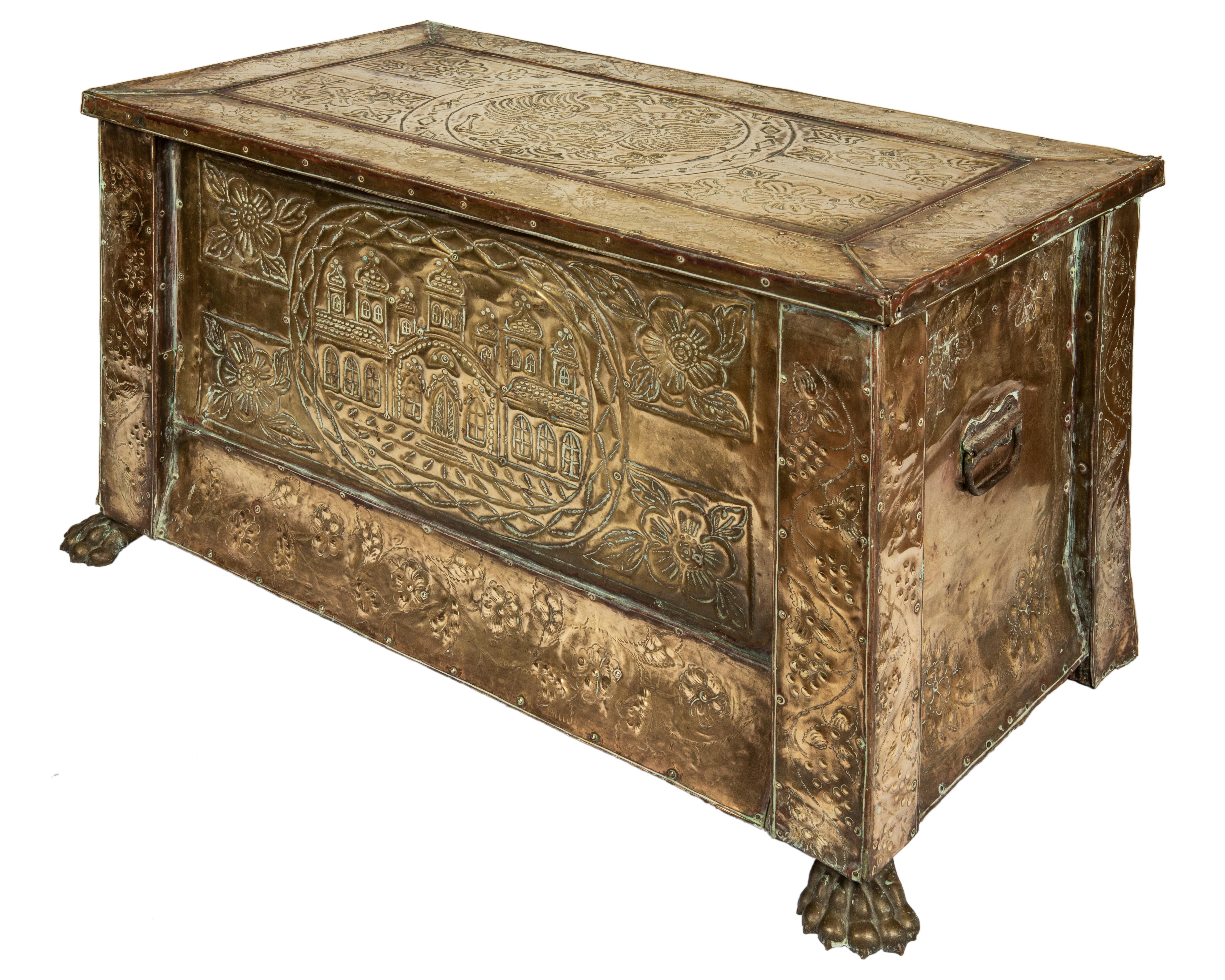Russian Repoussé Brass Trunk, Mid-19th Century In Fair Condition In St. Catharines, ON