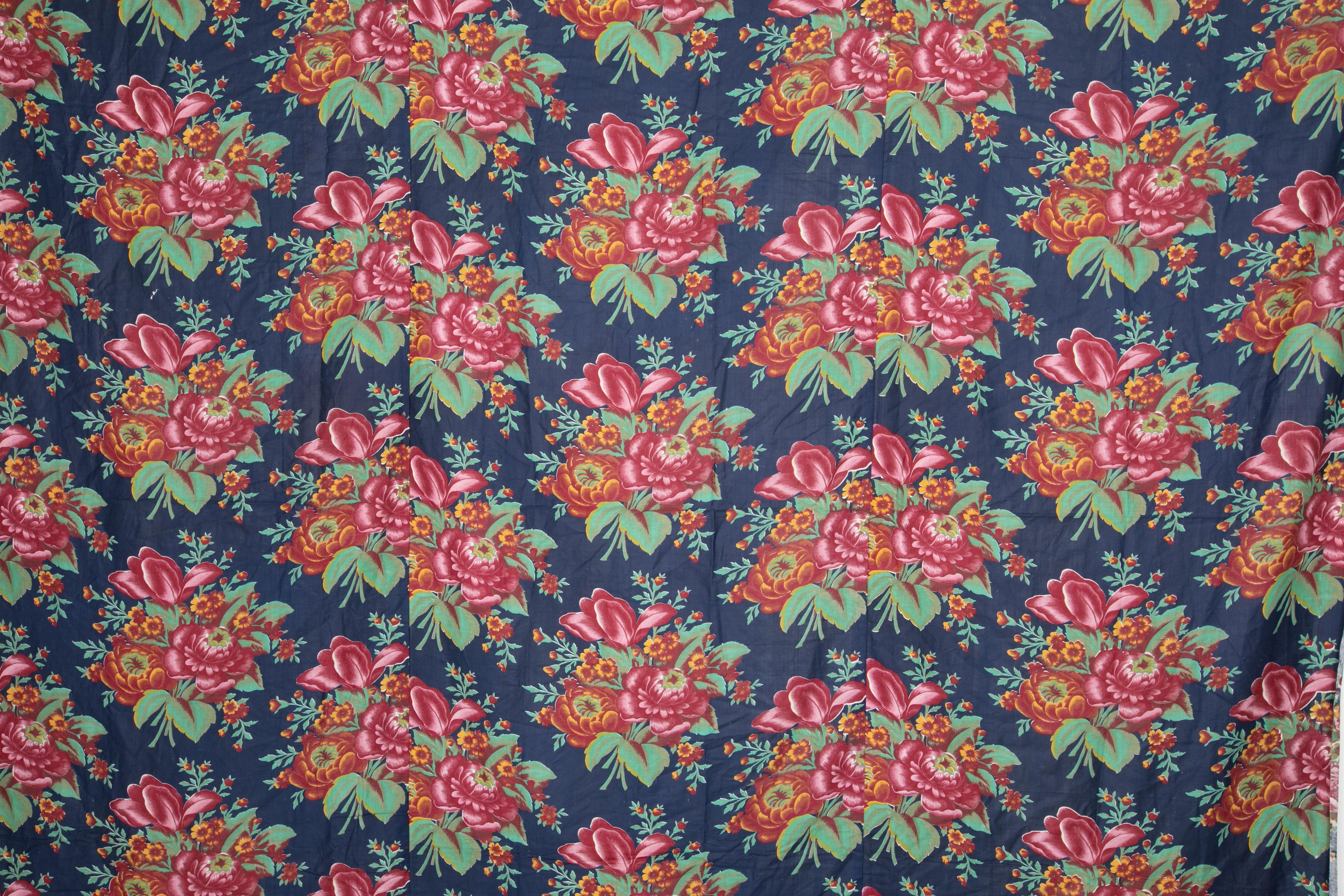 Mid-Century Modern Russian Roller Printed Cotton Fabric Panel, Mid-20th Century or Earlier For Sale