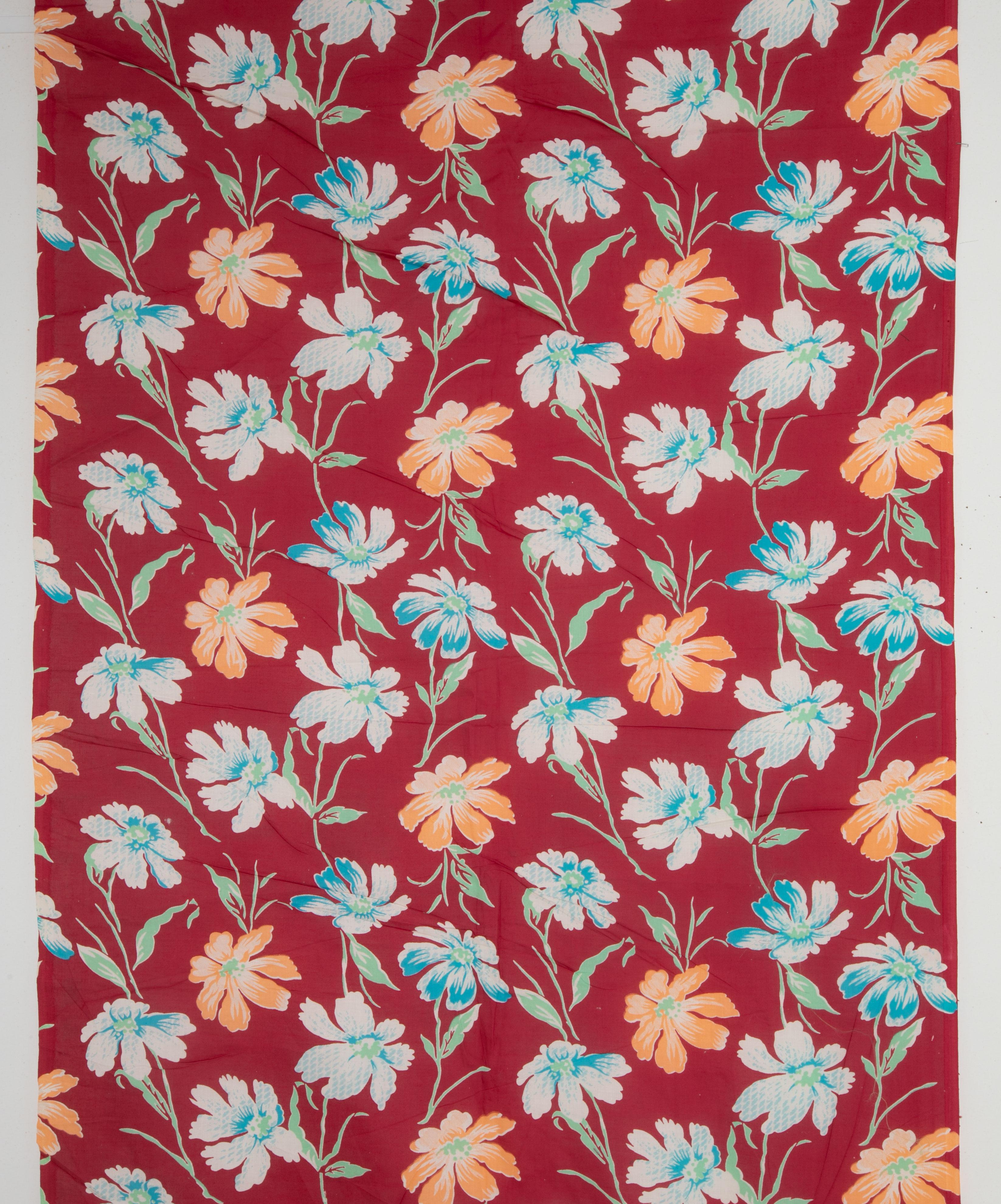 Mid-Century Modern Russian Roller Printed Cotton Fabric Panel, Mid-20th Century or Earlier