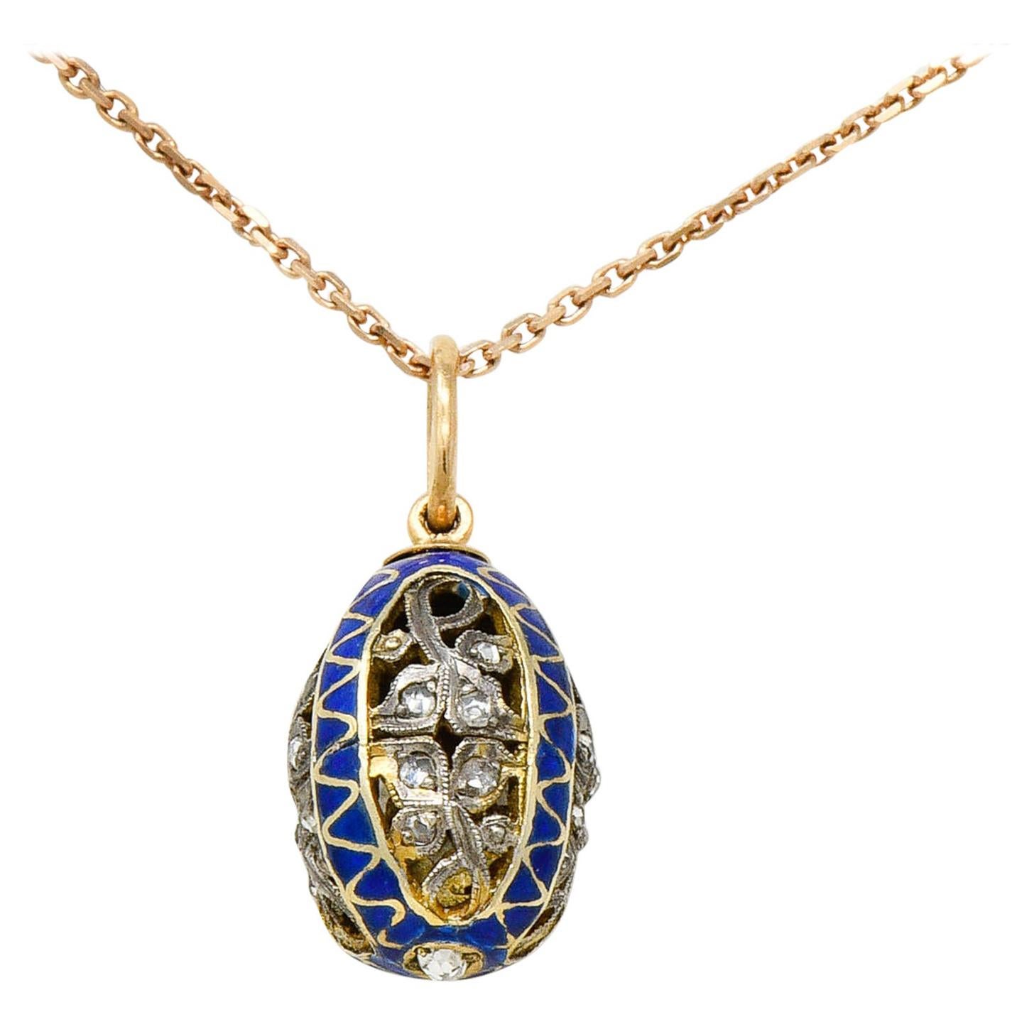 Russian Rose Cut Diamond Sterling Silver 14 Karat Gold Egg Pendant Necklace