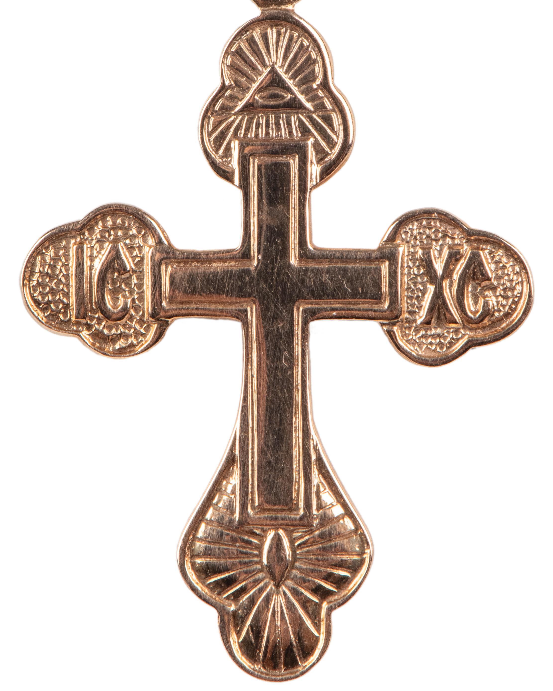 A Russian rose gold Greek style cross pendant, made in St. Petersburg, Russia.

St. Petersburg, 1990s, hallmarked.

1 3/8 in. (3.5 cm.) including suspension ring. Chain not included.
