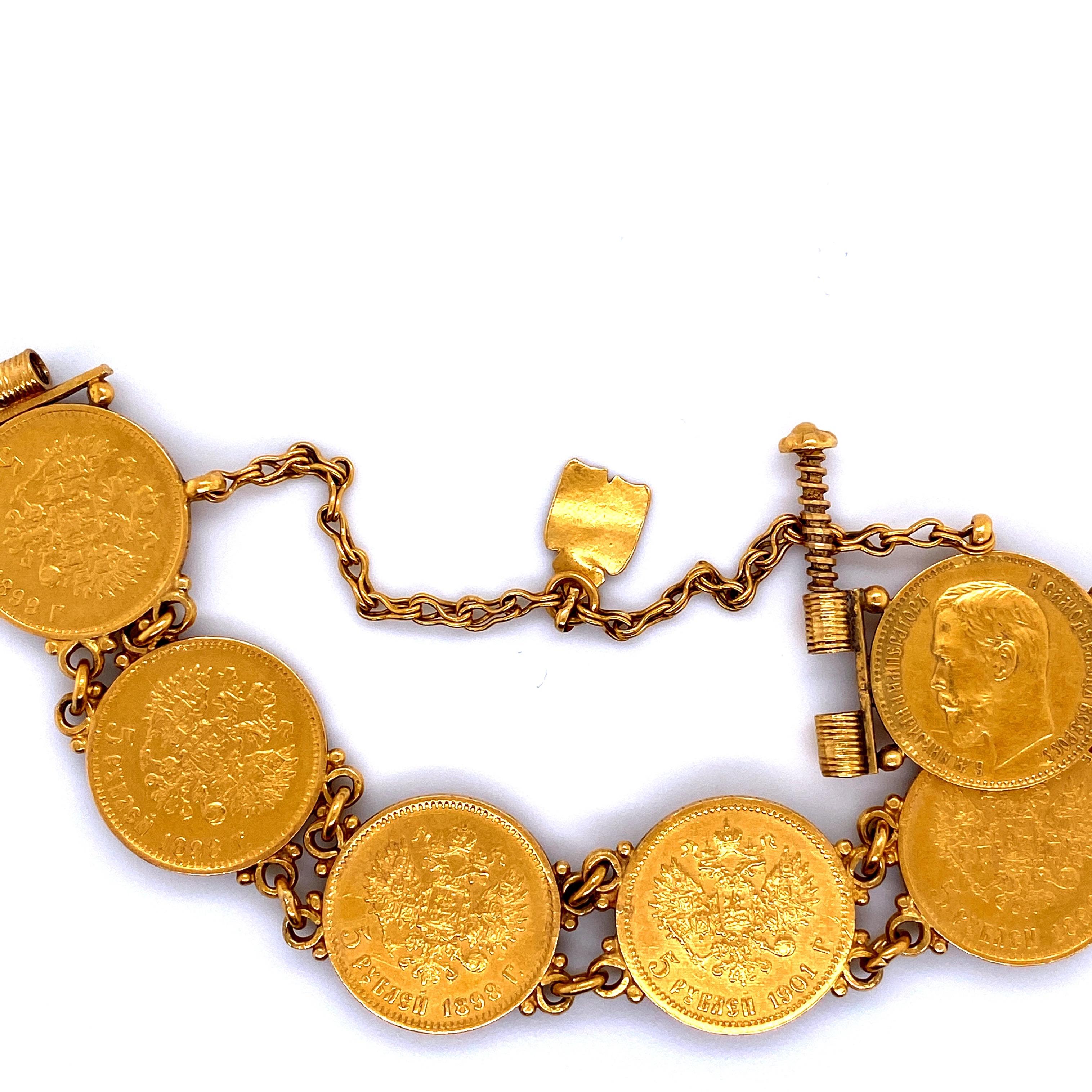 Women's Russian Ruble Coin Gold Bracelet 22 Karat Yellow Gold