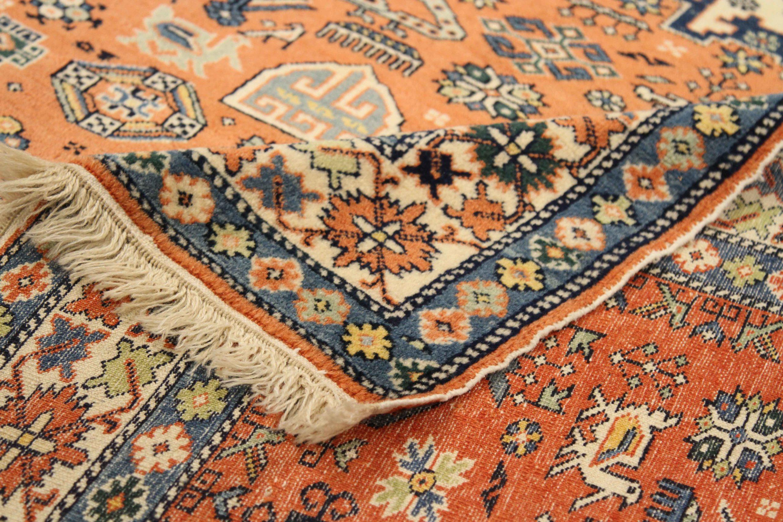 Russe Petit tapis russe en laine bleu ivoire orange - 75049 en vente