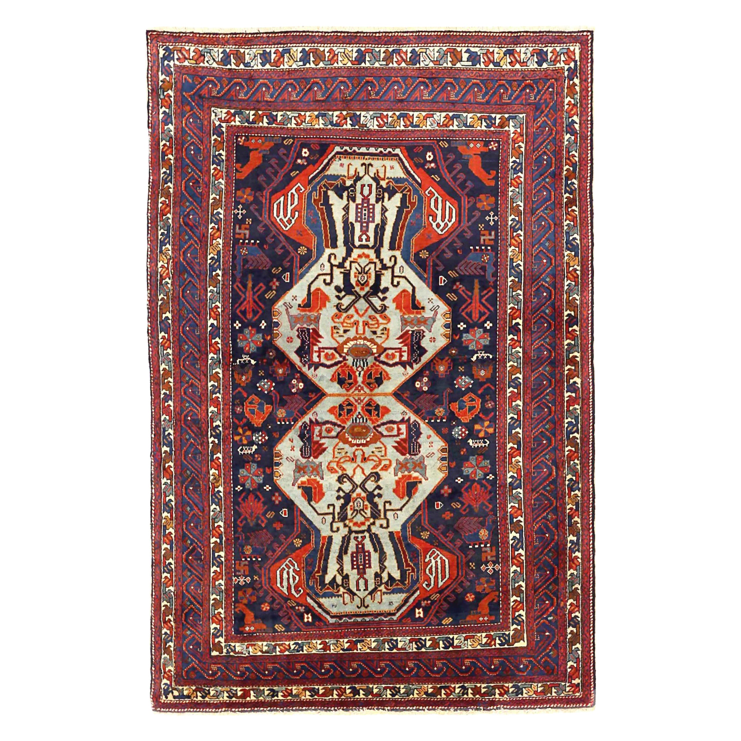 Piccolo tappeto russo del 1910 circa - lana avorio blu navy rosso 72542